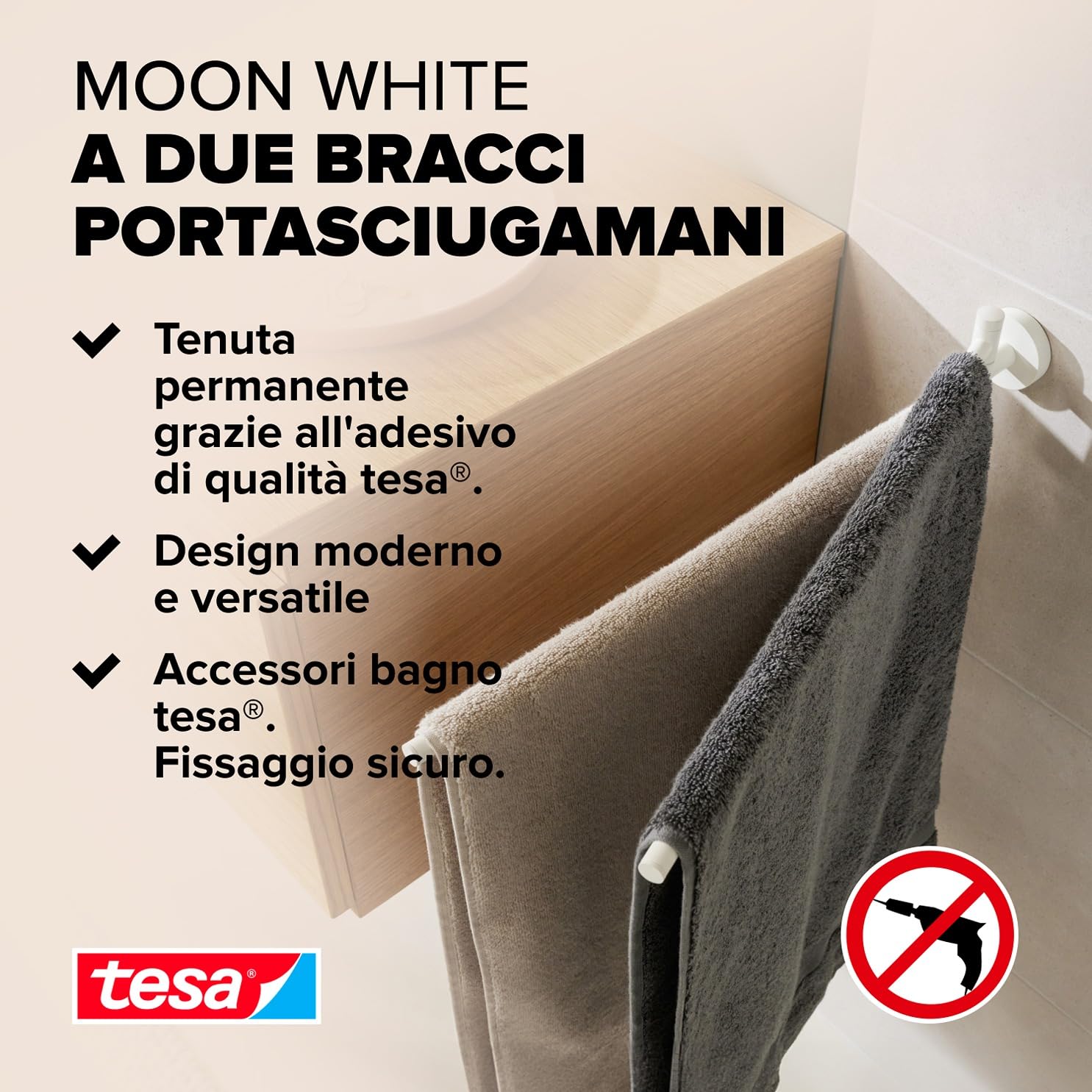 tesa® MOON WHITE Portasciugamani a 2 Bracci per bagno e WC in stile industriale e bagni moderni - Senza foratura, soluzione adesiva inclusa - 84 mm x 50 mm x 456 mm - Bianco opaco