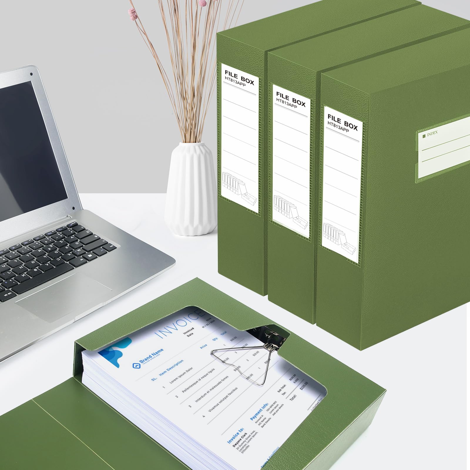 HUA JIE A4-Aufbewahrungsboxen, Archiv-Box, 65 mm Rücken, Aufbewahrungsbox für Dokumente, mit Metallclip, für Büro, Schule, Grün, 2 Stück