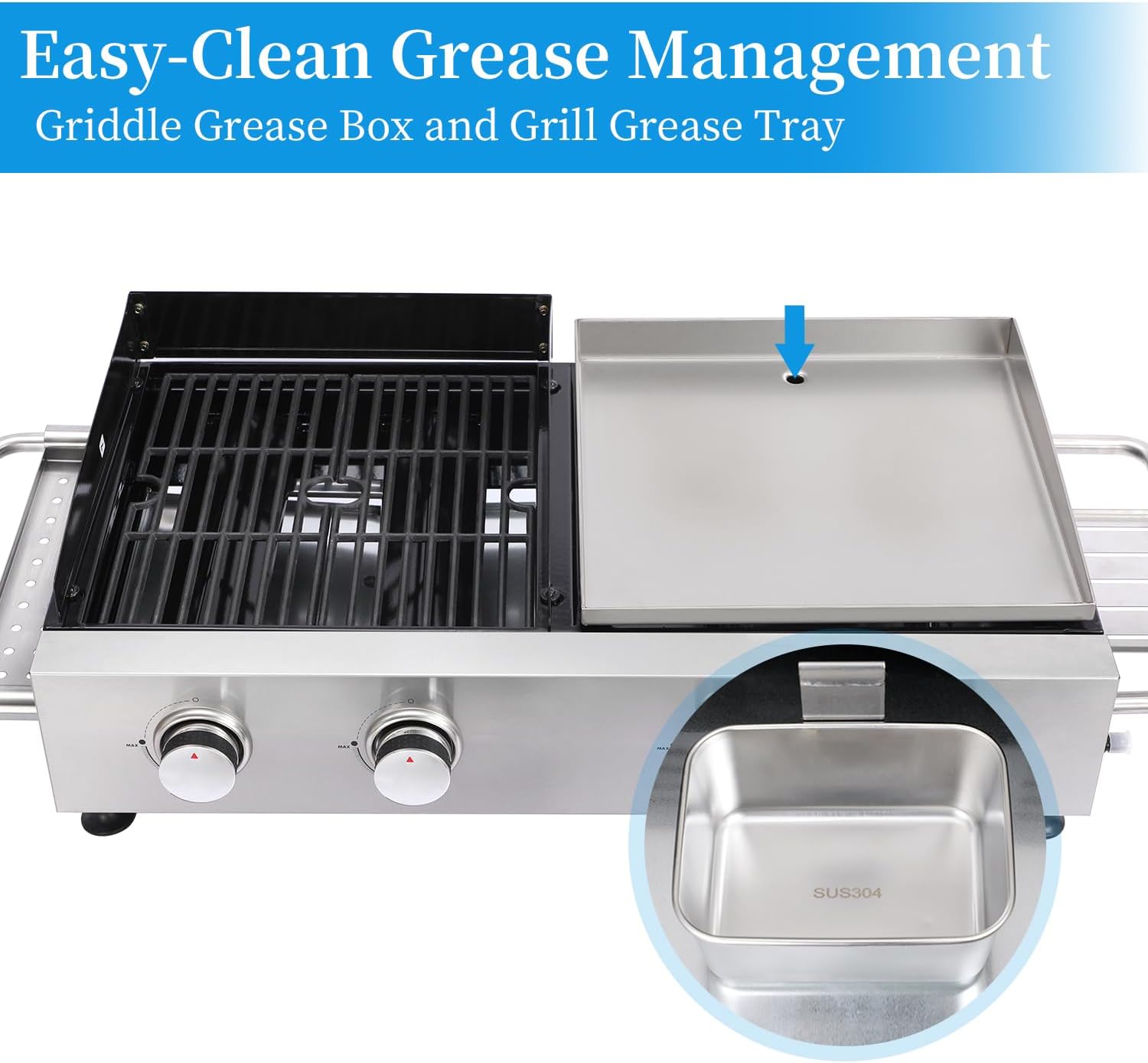 Portable 4-Burner Gas Grill Griddle Combo, Propane BBQ Grill with Cast Iron Grates & Stainless Steel Griddle, Side Shelf & Utility Tray, Grease Management Tray for Outdoor Camping and Patio Cooking
