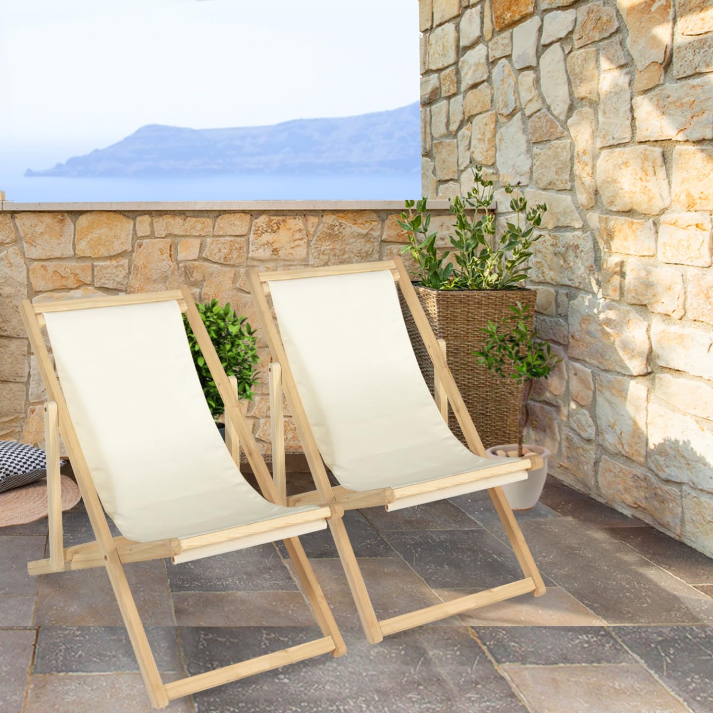 IDMarket - Lot de 2 chaises Longues Pliantes chilienne Bois Toile écrue
