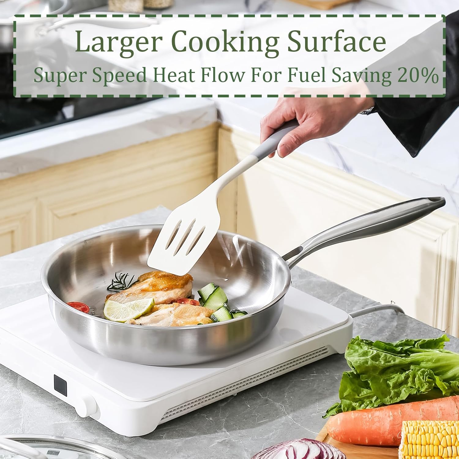 Three-layer stainless steel frying pan with lid, 20 cm, stainless steel pan, uncoated, induction pan, highly efficient and energy-efficient pans for steak, egg, 7.8 inches