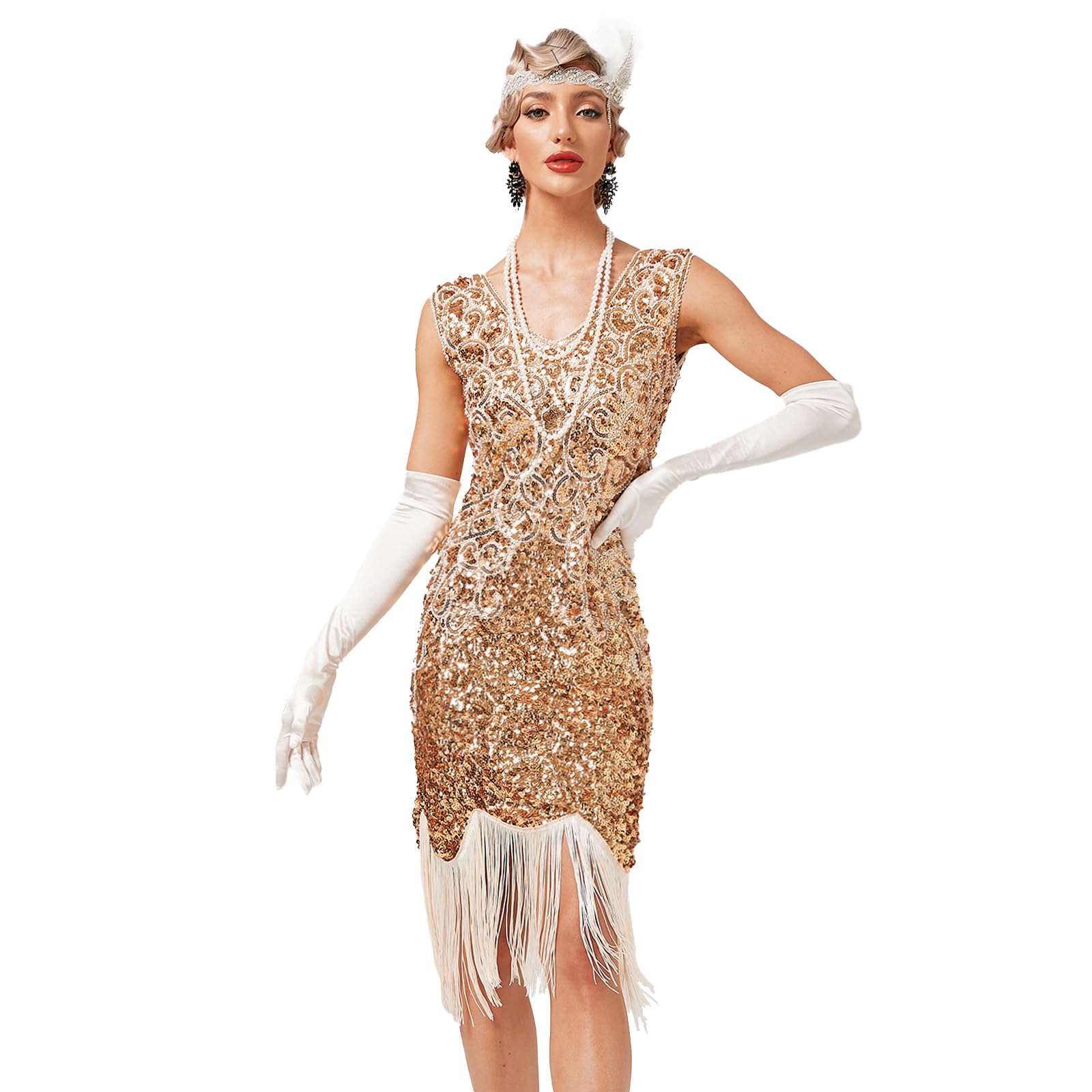 BOFUNX Vestido de Flecos y Lentejuelas de los Años 20 Estilo Vintage con Cuello en V de Gatsby Disfraz para Adultos Mujeres Divertidos para Fiestas Carnaval Halloween Disfraces Cosplay