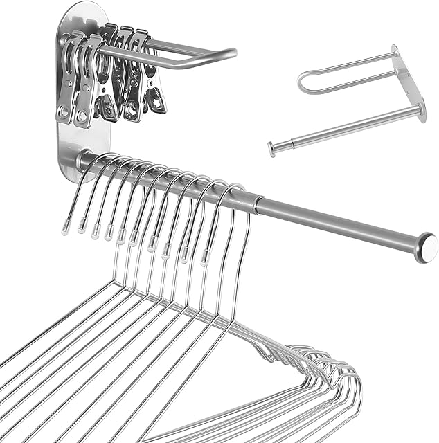 XINYUWIN 2-Section Stainless Steel Retractable Double Layer Clothes Hanger Storage Rack Organizer Wall Mount Adhesive OR Drilling Installation (Length 10.6")