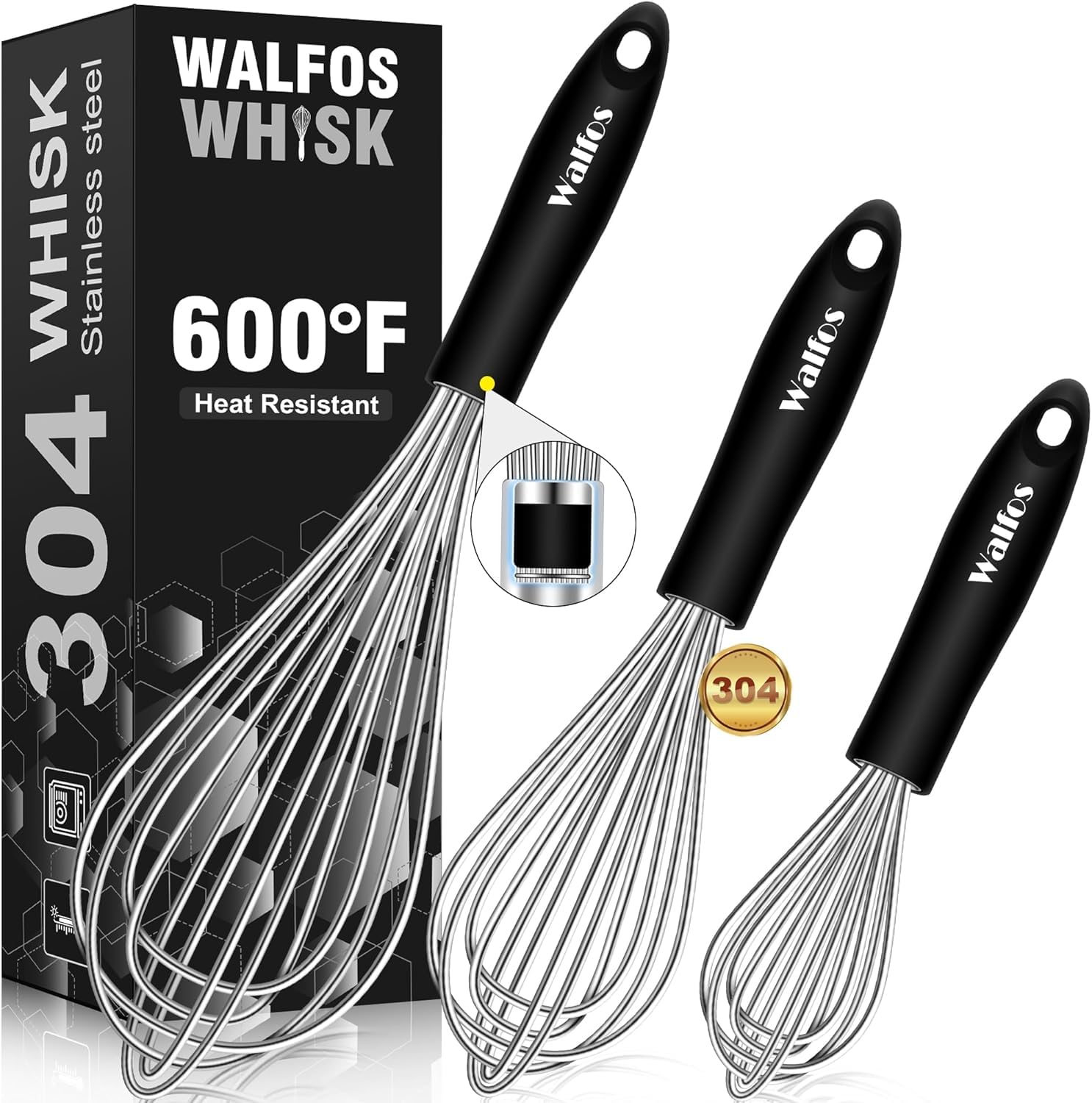 Stainless Steel Whisk Set - 3 Packs Balloon Whisk, Thick Stainless Steel Wire ＆ Strong Handles, Egg Frother for Cooking, Blending, Whisking, Beating, Stirring (21cm,23cm,28cm)