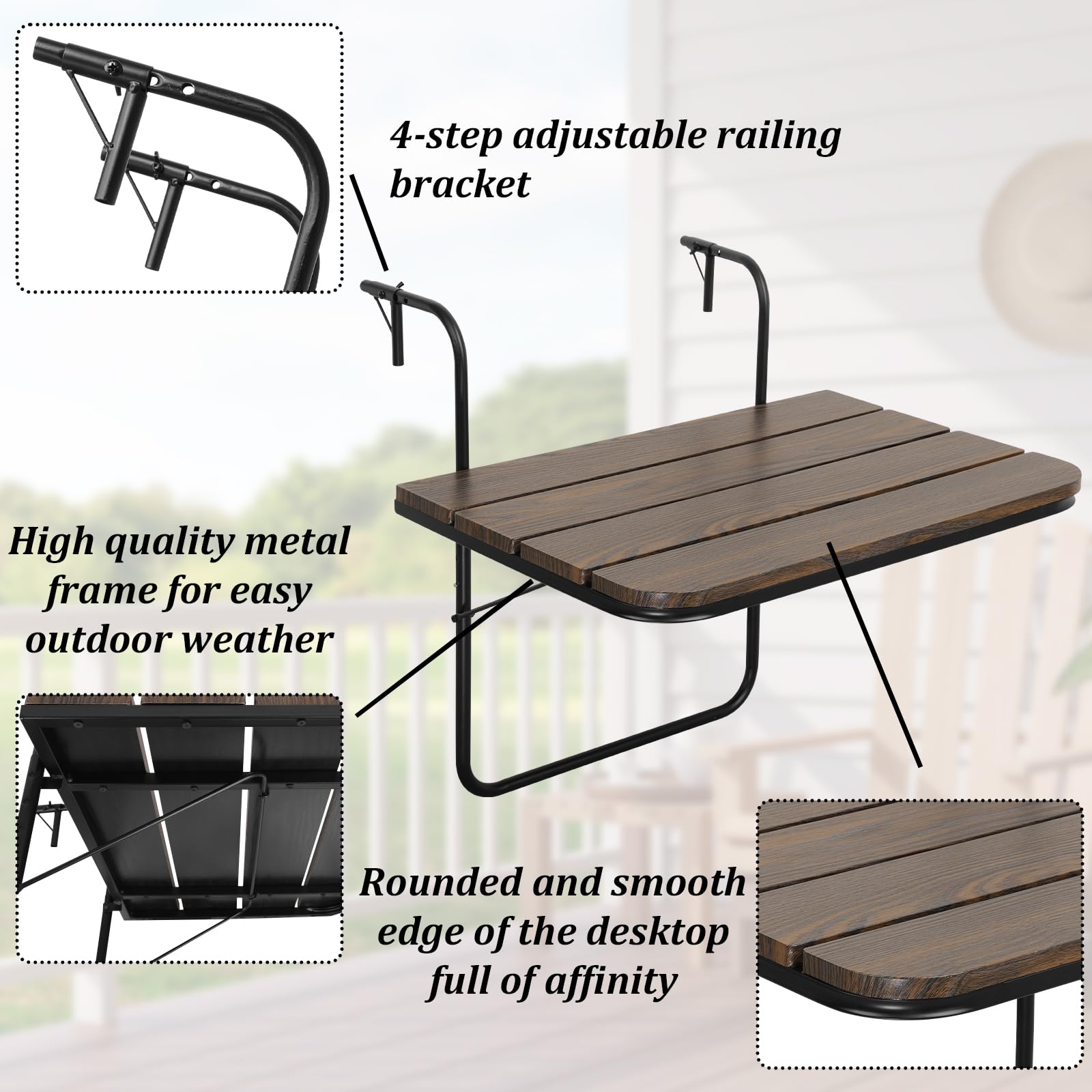 Table de bar pliante pour balustrade de balcon, table de bar réglable à suspendre, table de bar pour extérieur, intérieur, patio, balustre, table de jardin sur balustrade, marron rustique