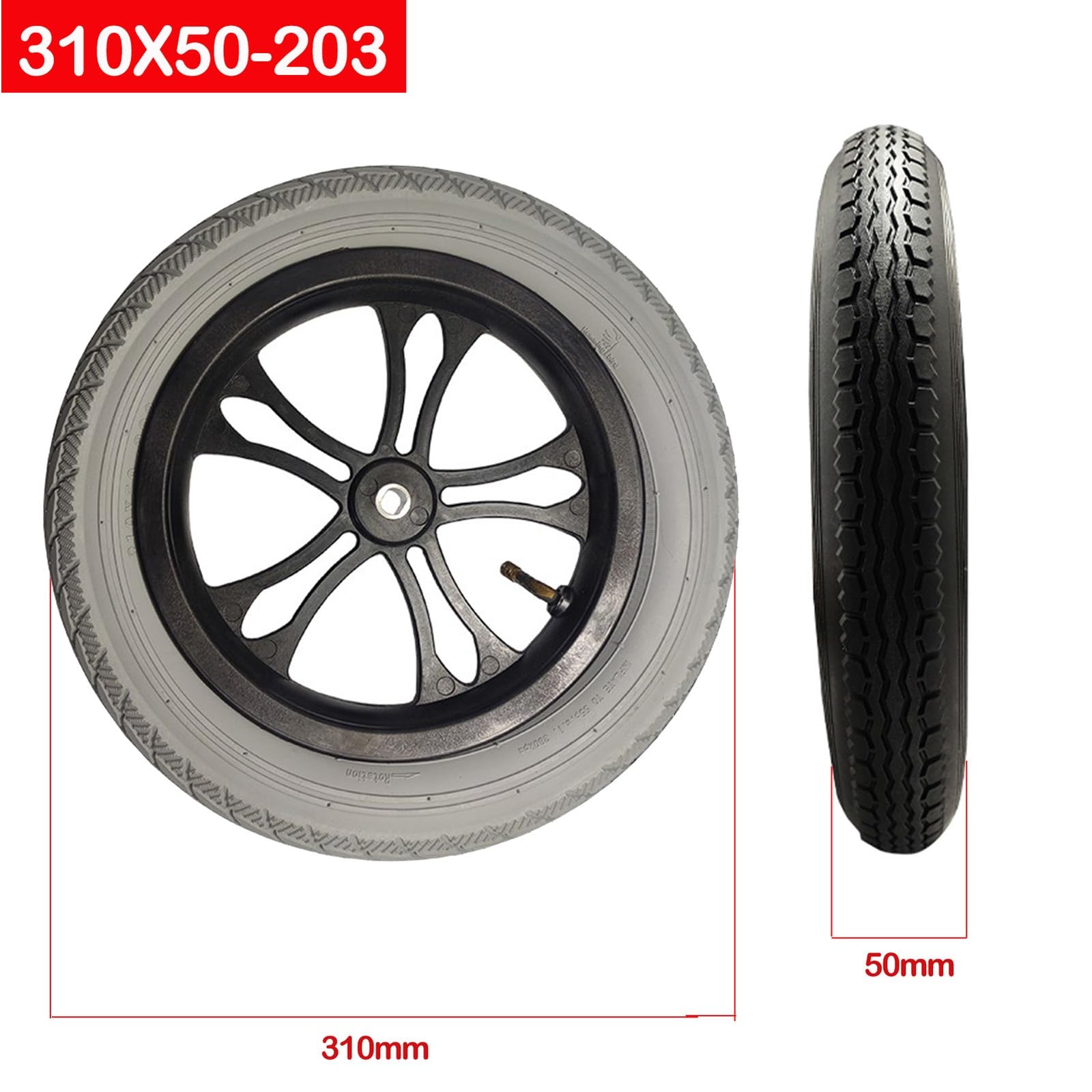 Conjunto de Ruedas Traseras de Repuesto (Par), 310X50-203 Rueda Neumática para Silla de Ruedas Eléctrica,Repuesto de Rueda Trasera de 12 Pulgadas,Gris