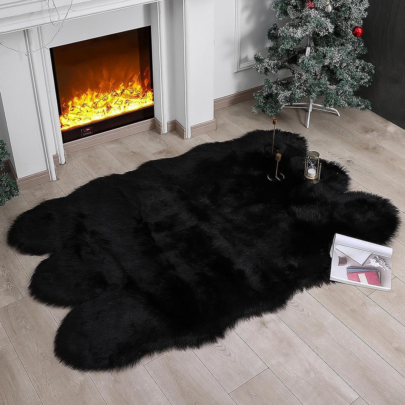 Tapis fausse peau de mouton noir haut de gamme à poils longs