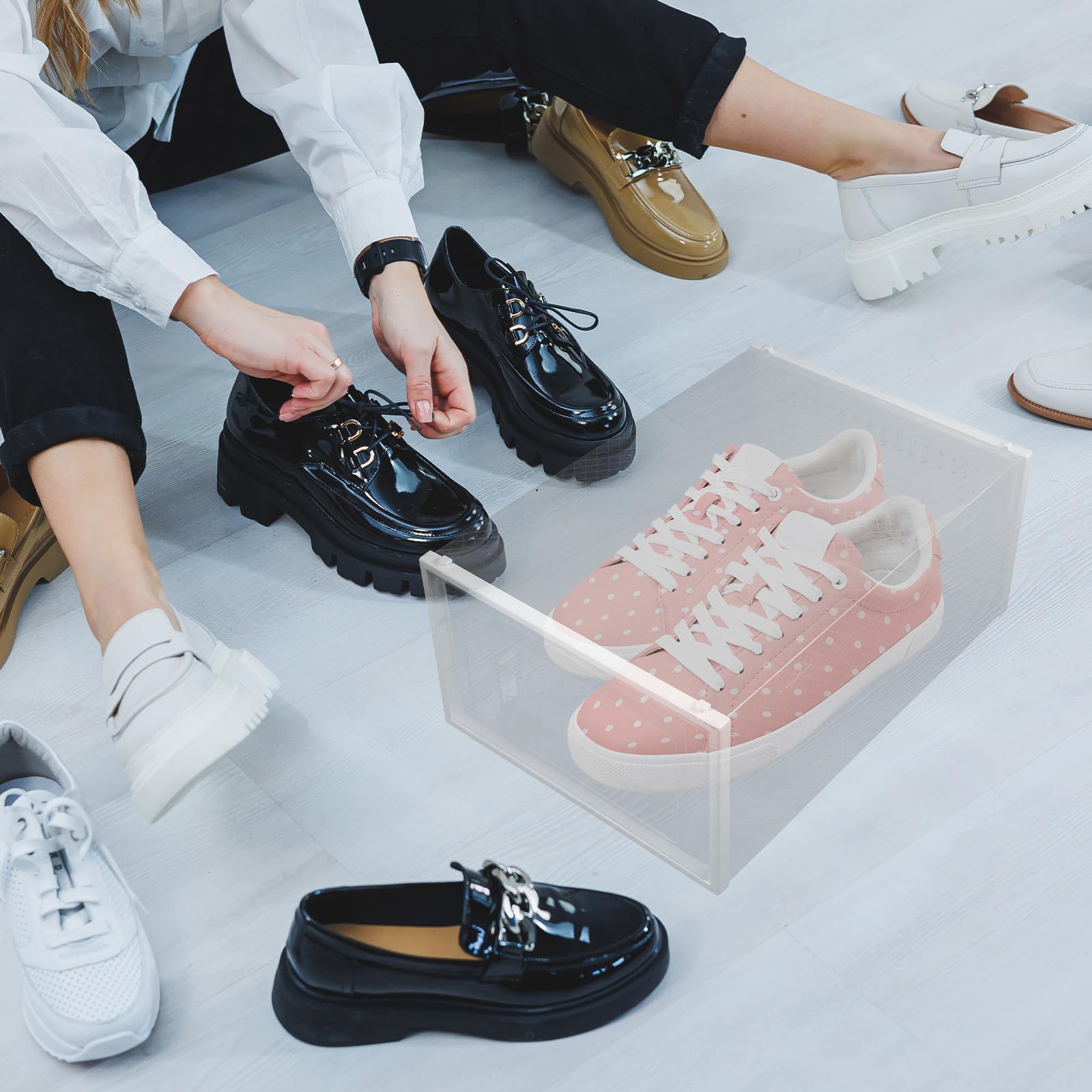 EXCEART 6 Pezzi Scatola Trasparente per Scarpe Impilabile, Tipo Cassetto | Alta Visibilità, Struttura Salvaspazio, Finitura Telaio Bianco Trasparente