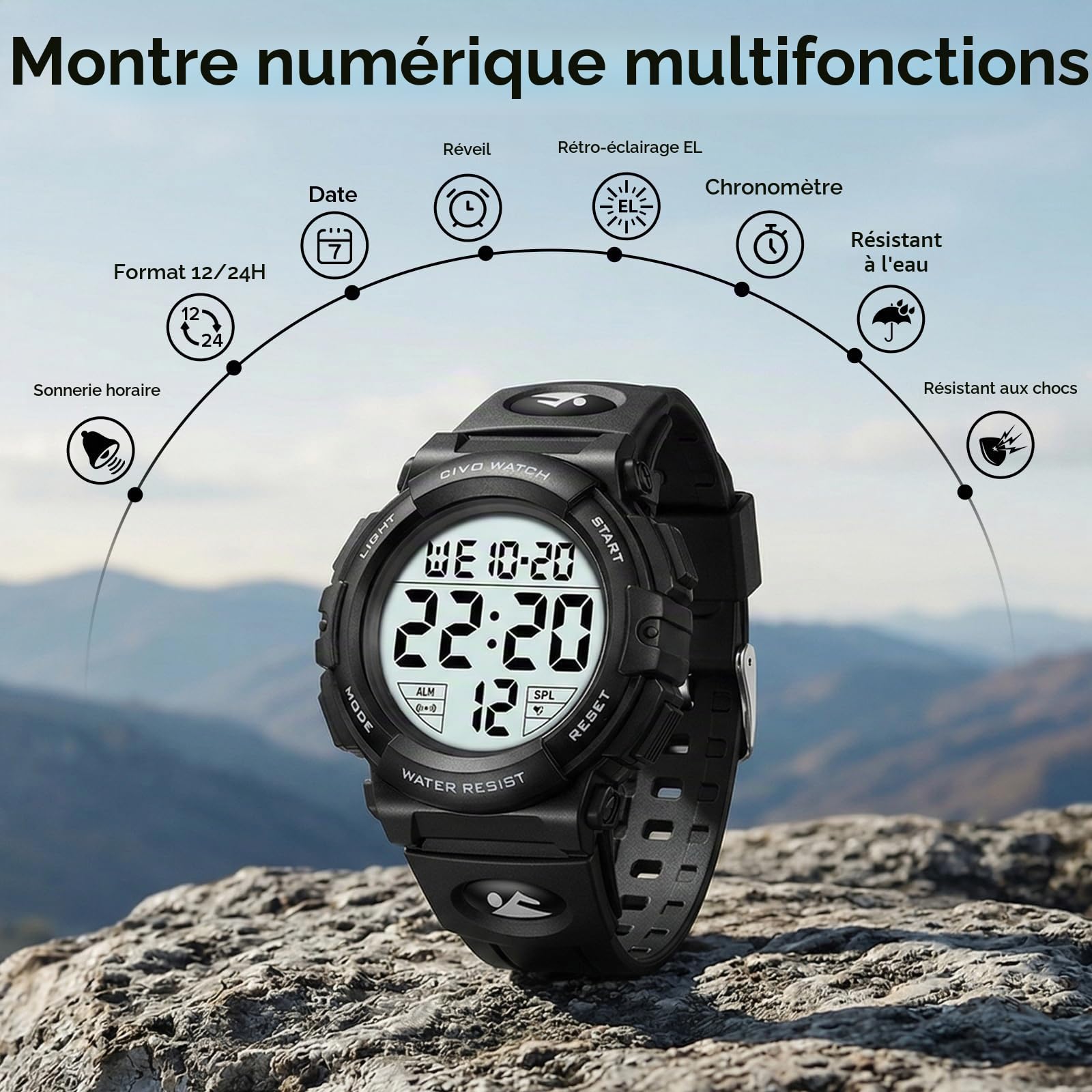 CIVO Montre Homme Sport Militaire étanche Montre Digitale Chronomètre Alarme Lumière LED Montres Bracelet Hommes Numerique Mode Grand Cadran