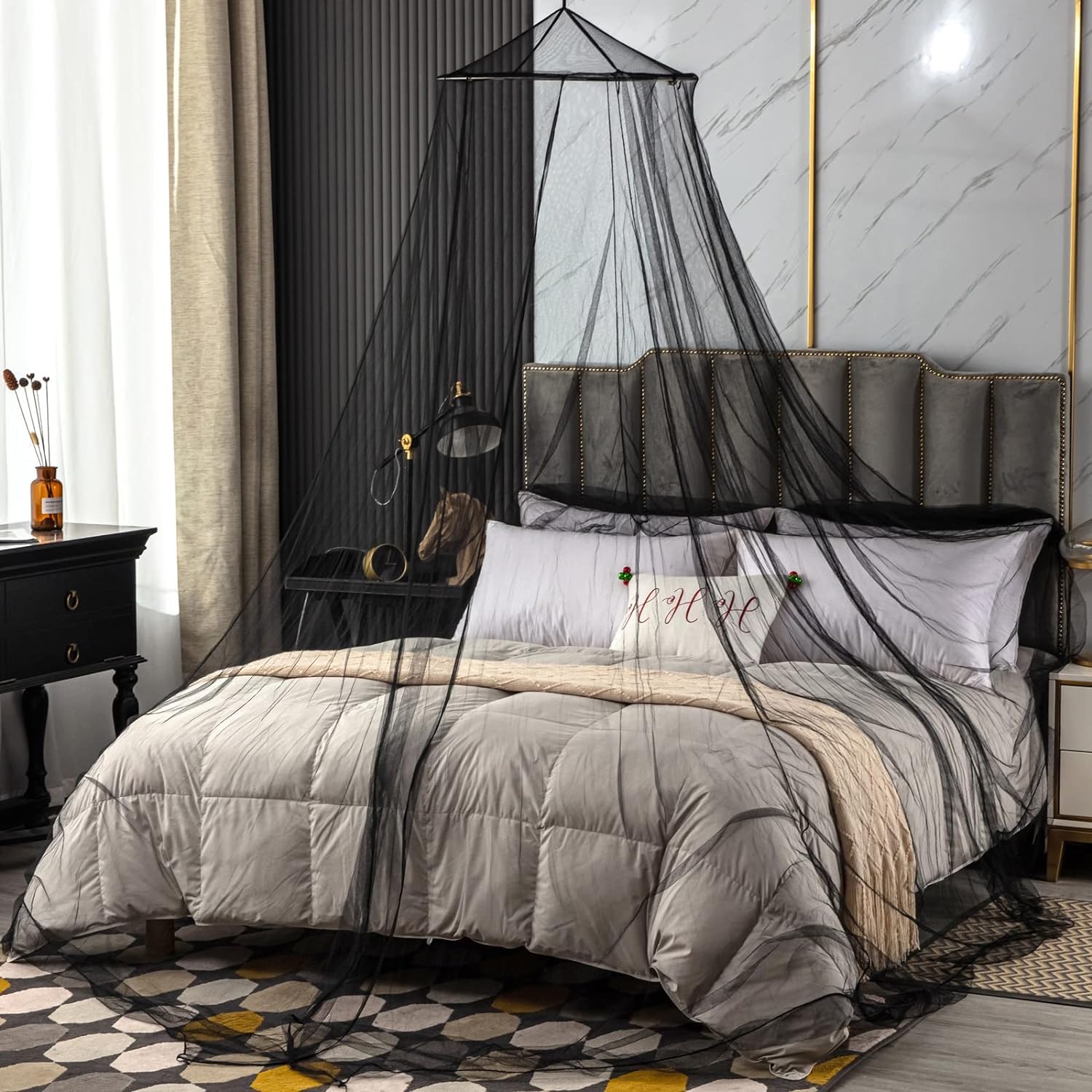 Zoojoy Zanzariera a Rete per Letto – Zanzariera Rotonda a Cupola per Camera da Letto, Giardino, Campeggio, Tende a Sospensione per Neonato/Letto Singolo/King Size [Nero]