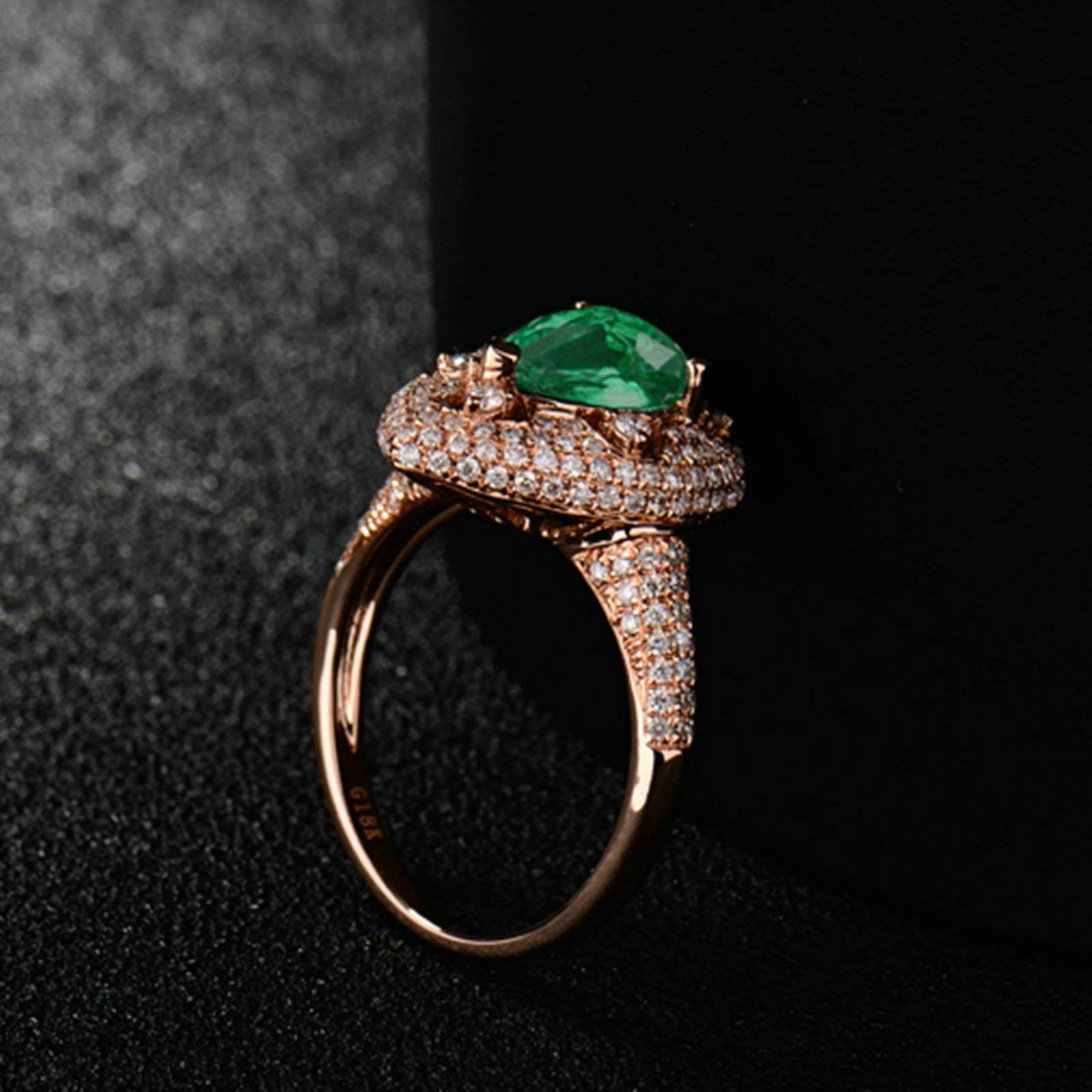 Anillos de boda de oro rosa para mujer, oro real de 18 quilates, 14 quilates, 9 quilates, talla H 1/2-V 1/2, anillos de compromiso de matrimonio con gota de agua con esmeralda de 2 quilates y