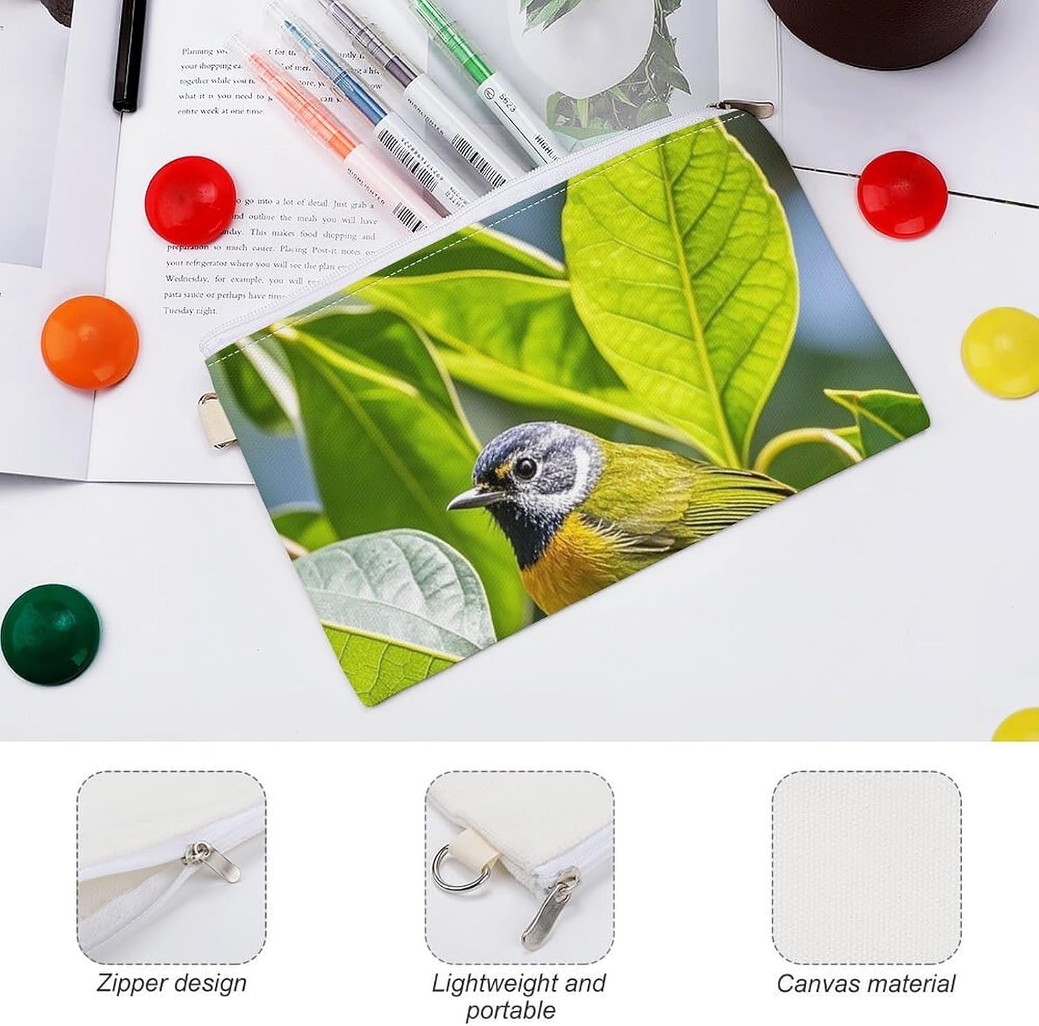 Green Leaves And Birds Coin Purse Coin Pouch with Zipper for Men Women Portable Change Wallet Canvas Coin Bag