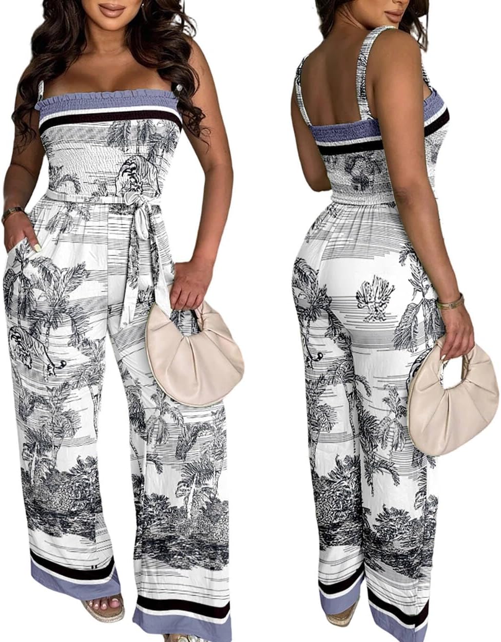 CHICME Jumpsuits for Women Tropical Print Summer Outfits One Piece Stretchy Strap Wide Leg Long Rompers With Pockets & Belt