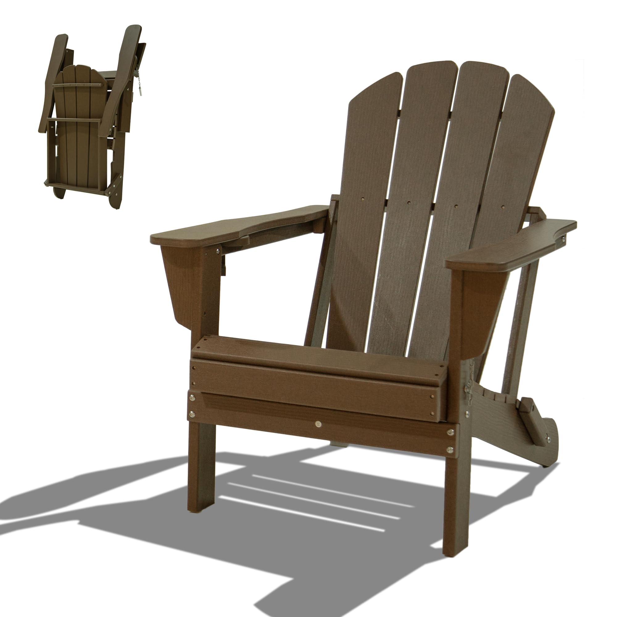 Domi Klappbarer Adirondack-Stuhl, HDPE-Witterungsbeständiger Außenstuhl mit Getränkehalter, holztexturierter Feuerstellenstuhl für Garten, Terrasse, Poolbereich & Deck, Braun