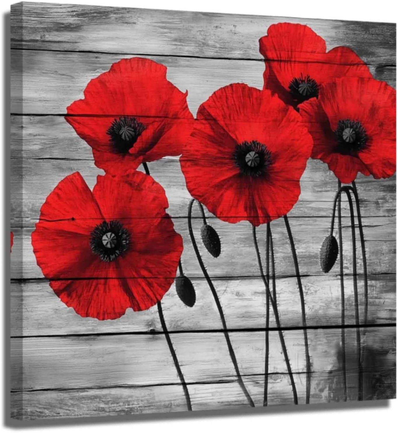 XLMDYYSW Red Poppy Wall Art Black White and Gray Poppies Flowers Pictures Vintage Floral Canvas Print Rustic Bathroom Painting for Farmhouse Kitchen Framed (Red, 12L x 12W)