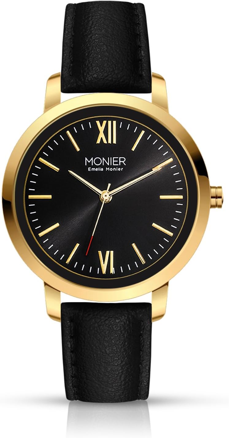 Emelia Monier W Palace Gold Tone Women's Watch with Black Sunray Dial and Black Leather Strap EML001-03BL