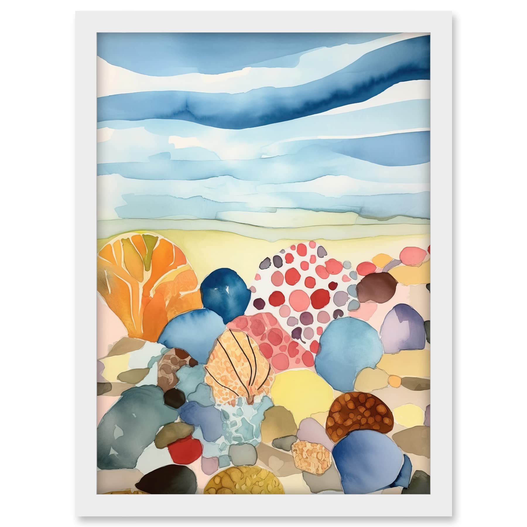 Artery8 Seaside Beachcombing Colourful Seashells And Beach Pebbles Watercolour Painting Artwork Framed A3 Wall Art Print
