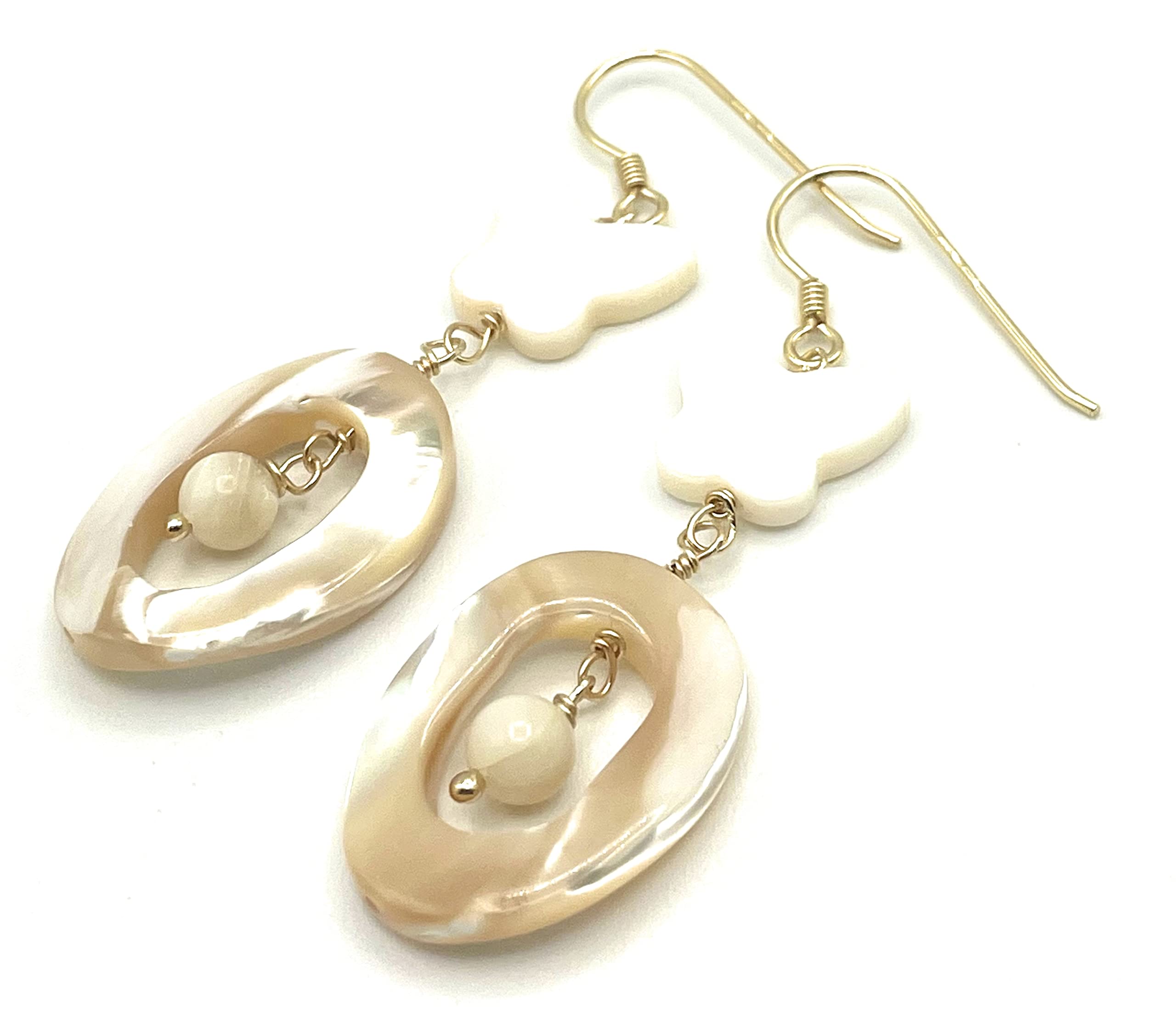 Orecchini con Madreperla Bianca e Beige, Pendenti con Farfalle, Argento Dorato Italiano, Gioielli Estate, Bijoux Artigianali, Made in Italy