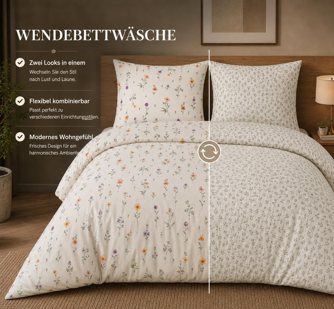 Leonado Vicenti Bettwäsche 4 teilig 135x200 Baumwolle Renforcé Creme Blumen Wendebettwäsche mit Reißverschluss