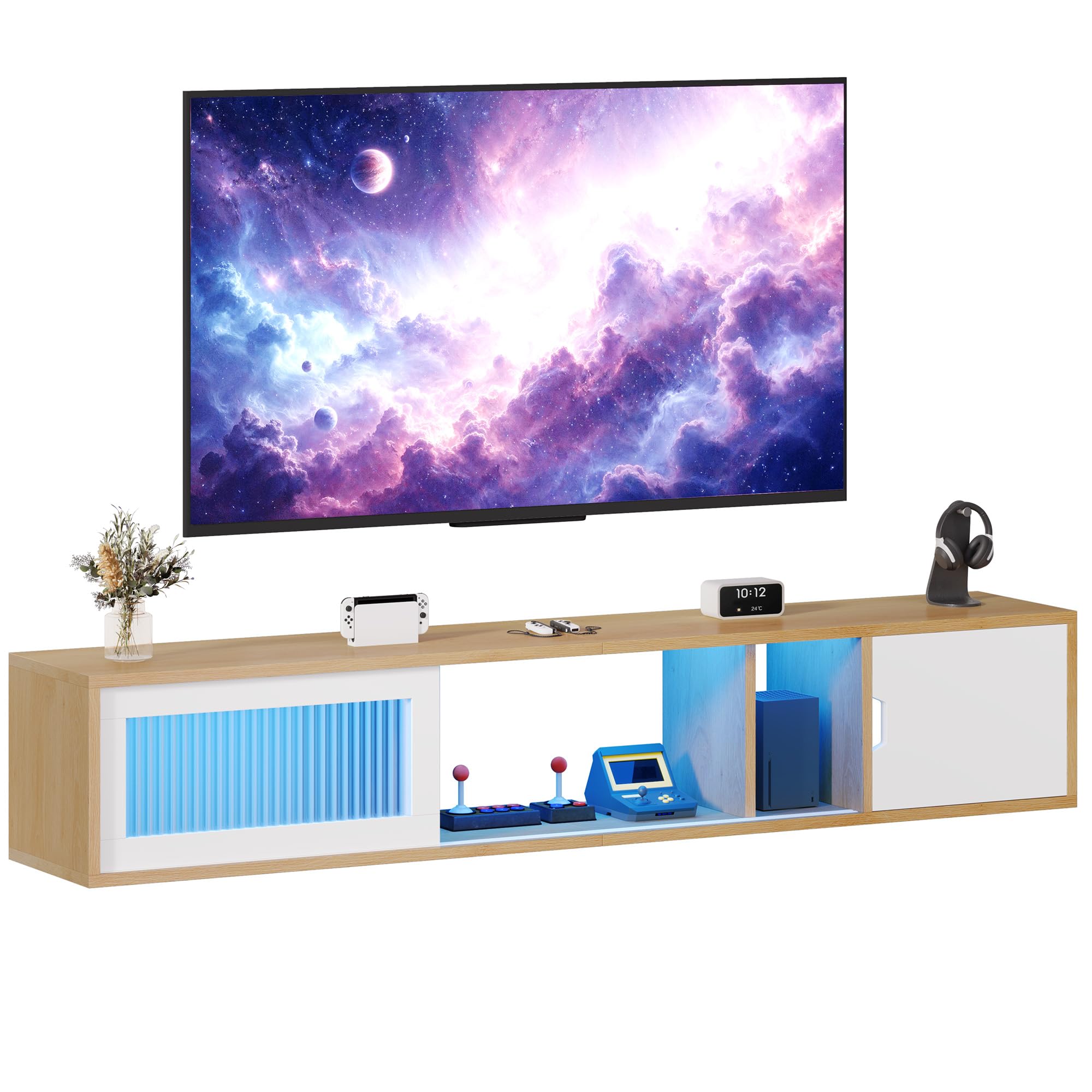 YITAHOME Meuble TV Suspendu Flottant avec Lumières LED RGB, 148 cm Meuble TV Flottant pour Téléviseurs Jusqu'à 65 Pouces avec Centre de Divertissement avec Porte pour Salon et Chambre