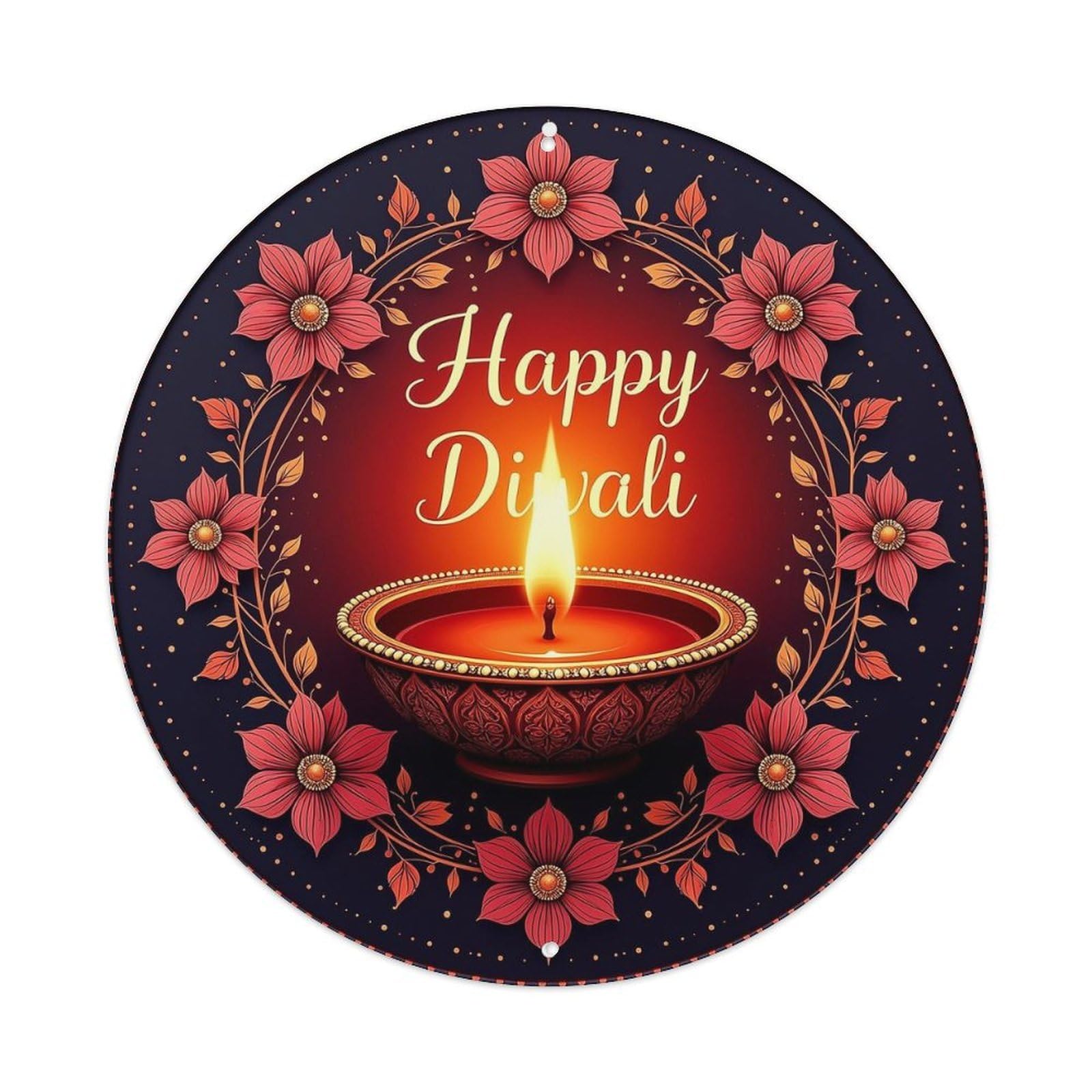 Floral Diwali Lamp Design Pattern Vintage Round Tin Sign Retro Metal Wall Decor Metal Poster, Home Bar Garage Cafe Wall Art Decoration 8x8Inches