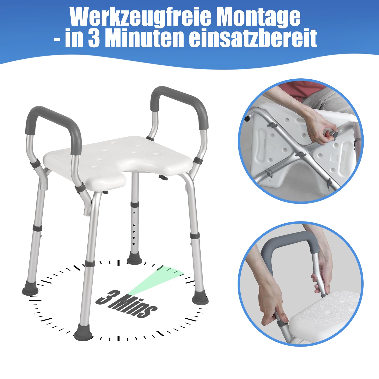Duschhocker mit Armlehnen&EVA-Sitz,Duschstuhl höhenverstellbar als Badestuhl für Senioren,53cm Shower Chair extrabreit,Badhocker bis 150 kg belastbar,Duschhilfe werkzeugfreie Montage,Shower Stool
