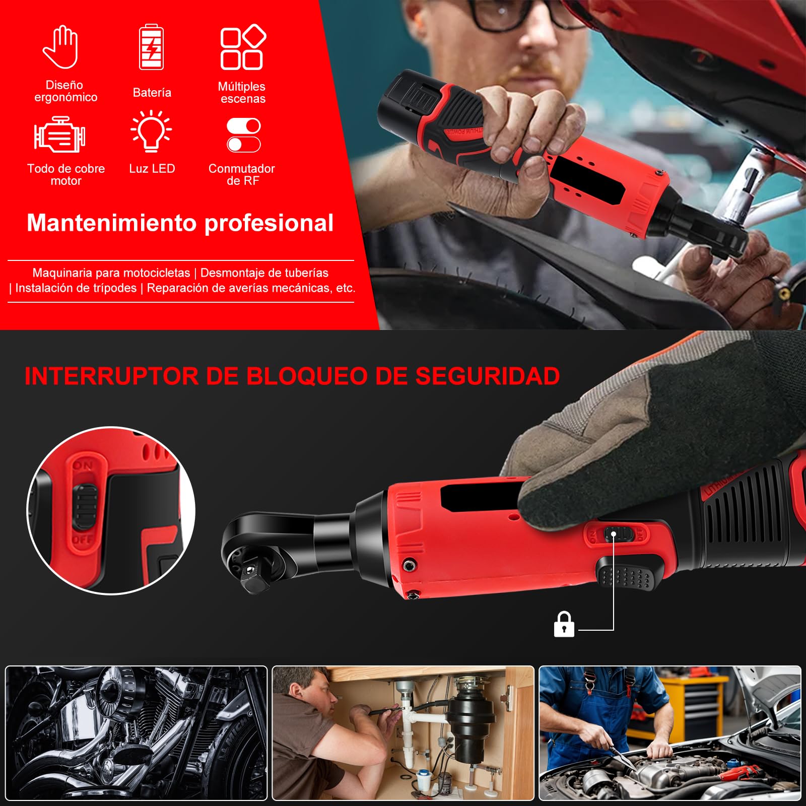 Llave de Carraca Eléctrica Inalámbrica, 12V 3/8" juego de llaves de trinquete eléctricas 35 Nm con 2 baterías de 1500 mAh y 7 enchufes para Reparación de Automóviles y Mantenimiento de Fontanería