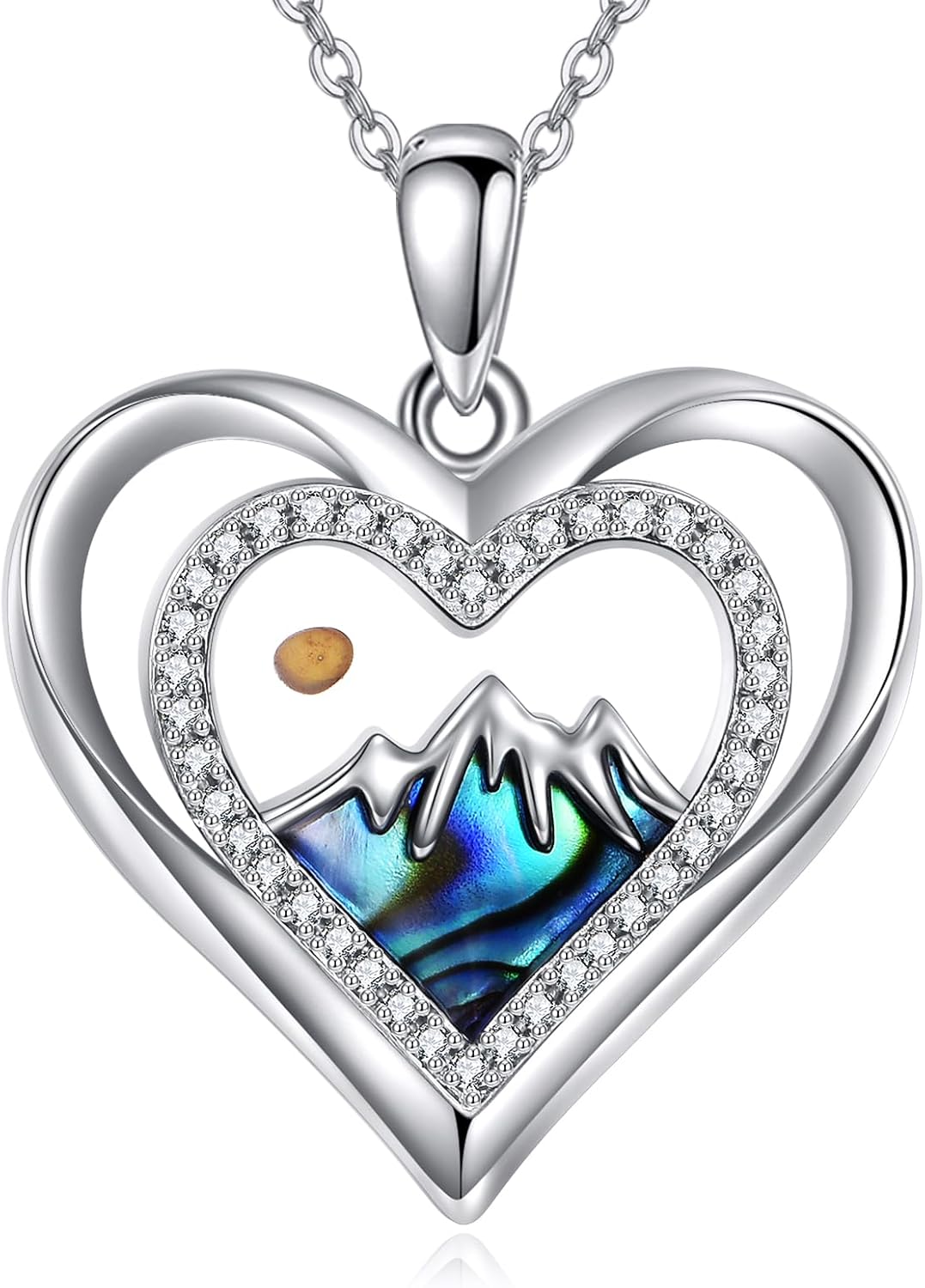 Mustard Seed Necklace for Women 925 Sterling Silver Heart Mountain Pendant Abalone Shell Mustard Seed Jewelry Gifts for Lover