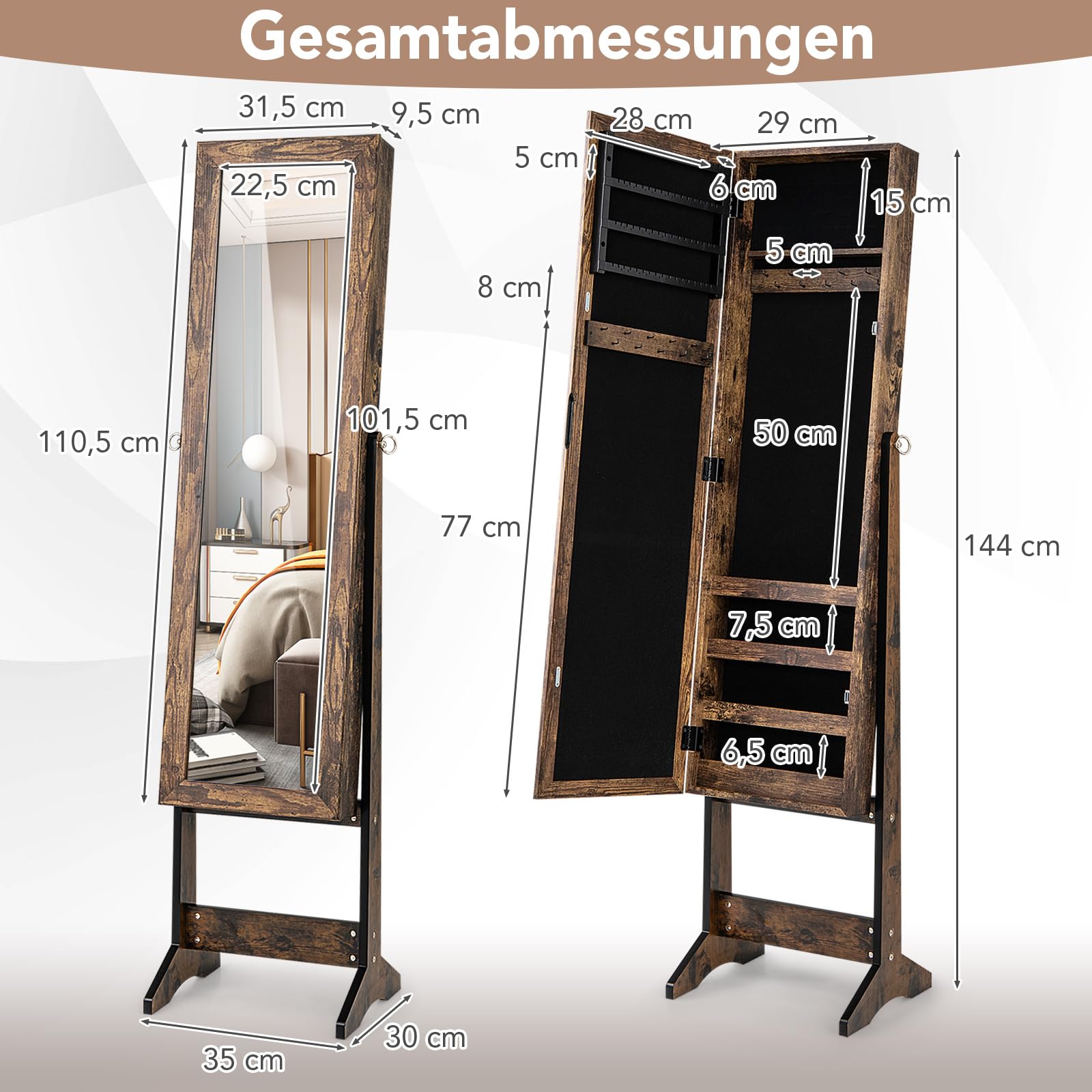 COSTWAY Schmuckschrank neigungsverstellbar, Schmuckregal mit Ganzkörperspiegel, Schmuck Spiegelschrank mit 64 Ohrringschlitzen, 20 Halskettenhaken, 72 Ringschlitzen, 4 Ablagen (Braun)