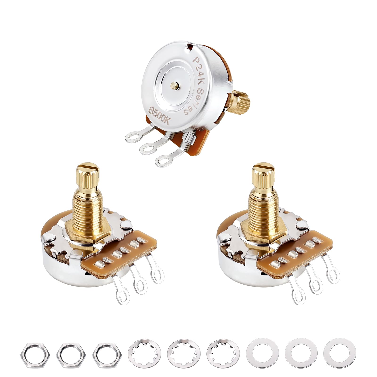 Banworks Brass A500K+B500K M8 Thread Full Sized Pots Metric 2A1B 18-Spline Split Long Shaft (18mm Length) Audio &amp; Linear Taper Potentiometers for Epiphone Les Paul LP/SG Squier Strat/Tele JT/XNQ-16