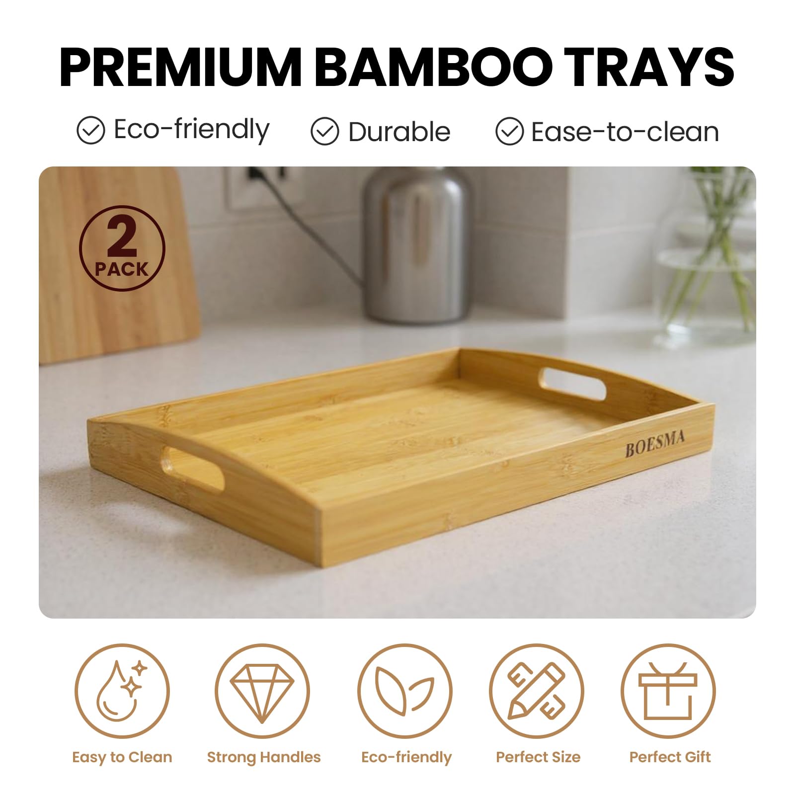 Lot de 2 plateaux de service en bambou avec poignées