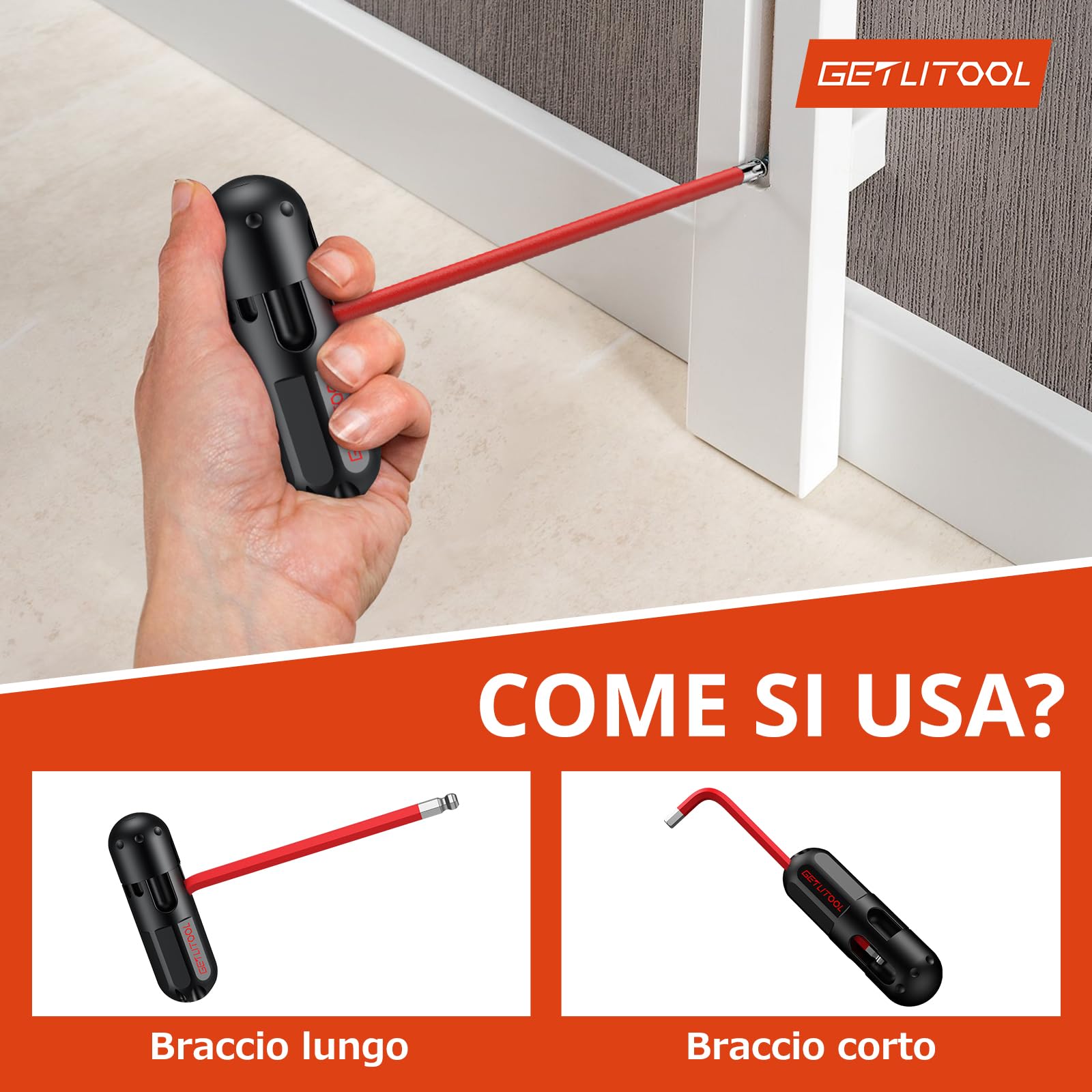 GETLITOOL Set 18PZ Chiave a Brugola Magnetica con Testa Sfera Metrica/Pollici in Acciaio S2 18X Chiavi Esagonali a T Extra Lunga Diametro 1.5-10mm 1/16''-3/8''inch + Maniglia di Coppia - Rosso