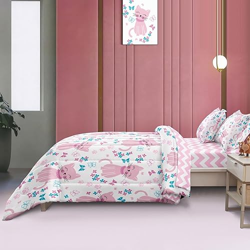 Miniatura 4 de SIRDO Juego de ropa de cama de tamaño individual con diseño de gatos para niños, juego de edredón de animales rosas para decoración de dormitorio de