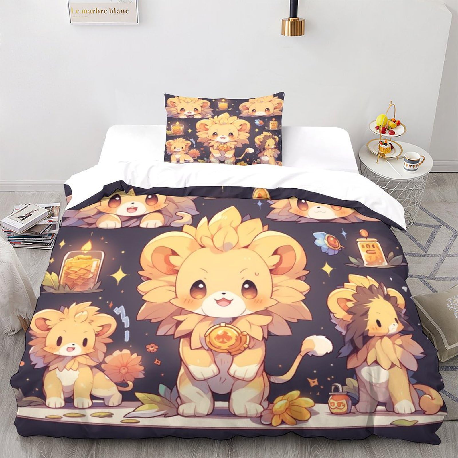 Housse de couette lion 3D microfibre parure de lit zippée anti-froissement