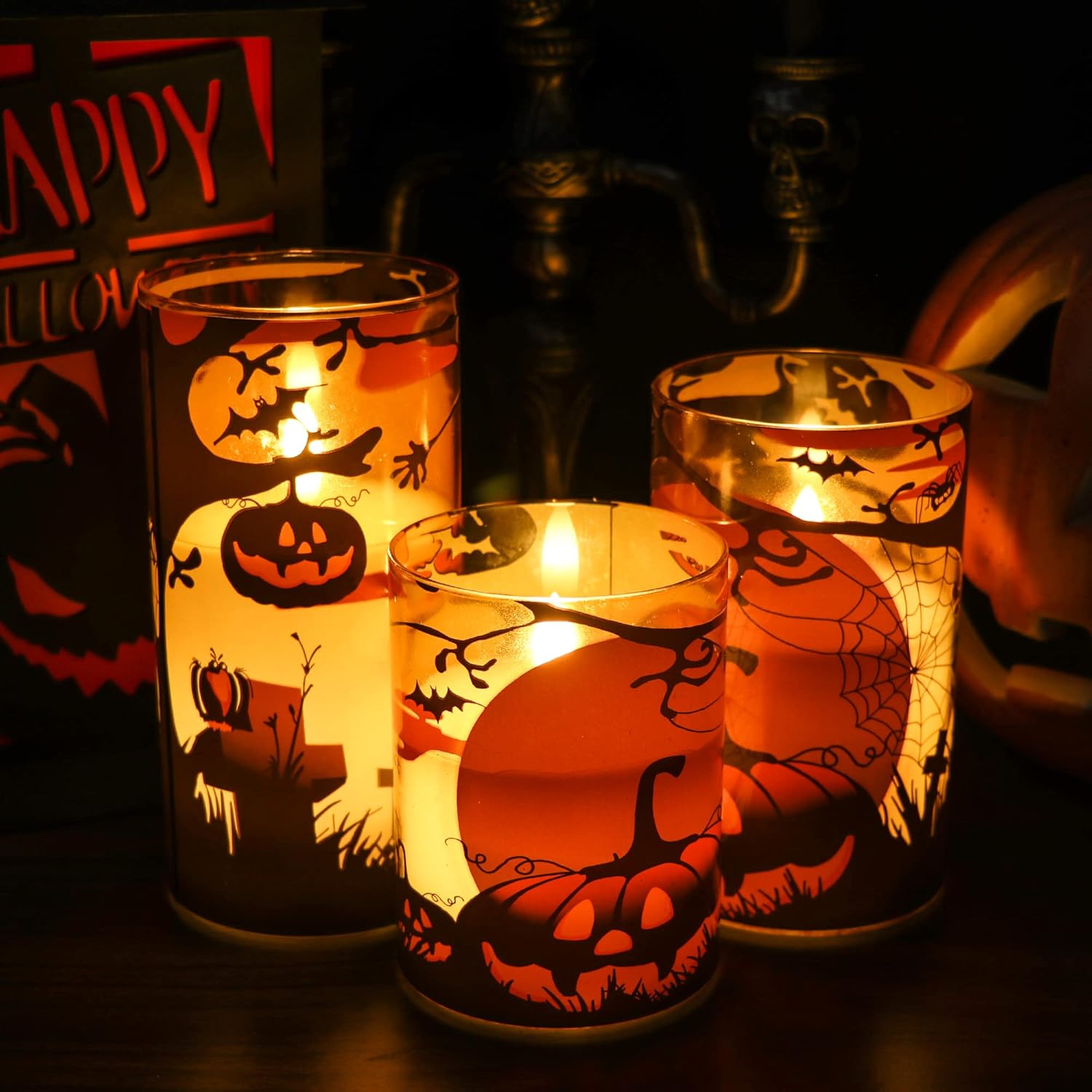 Halloween Flickering Candles with Spider Web, Pumpkin Decals, Orange Glass Battery Operated Flameless LED Candles with Remote, Real Wax Pillar Candles Set of 3 for Halloween Decorations