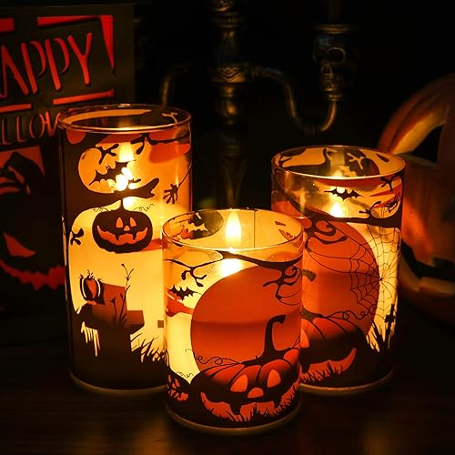Miniatura 3 de Lasumora Velas parpadeantes de Halloween con tela de araña, calcomanías de calabaza, velas LED sin llama de vidrio naranja con control remoto, velas