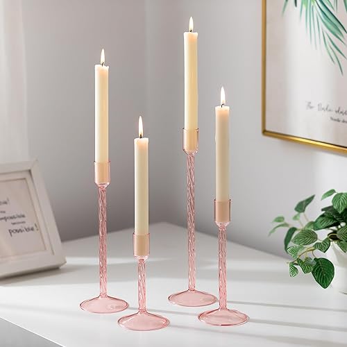 Miniatura 7 de Glasseam Portavelas de Vidrio con Forma de Candelabro Transparentes: Juego de 4 Portavelas Cónicos Altos para Velas Cónicas, Portavelas Decorativos