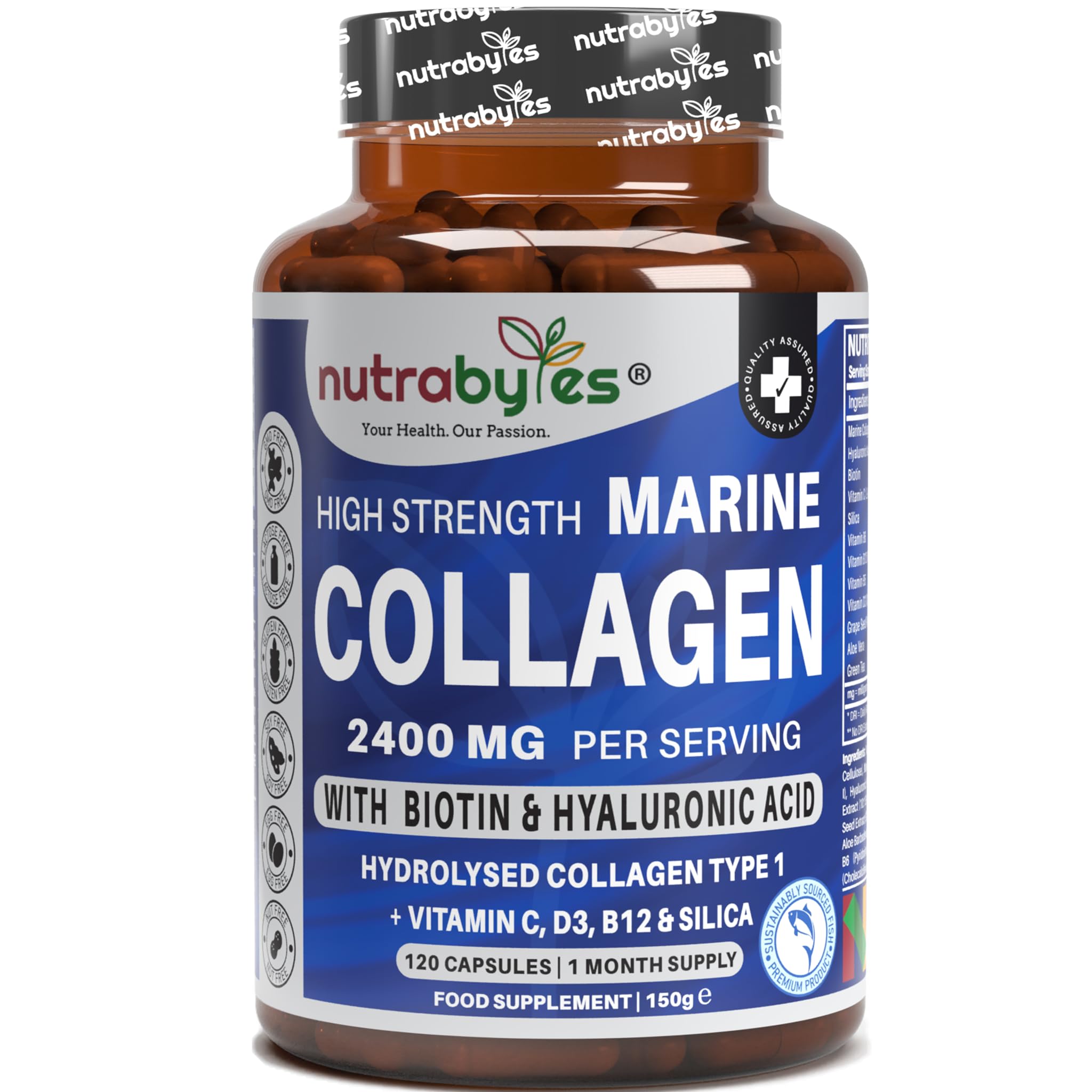 High Strength Marine Collagen 2400mg with Hyaluronic Acid 100mg, Biotin, Vita...