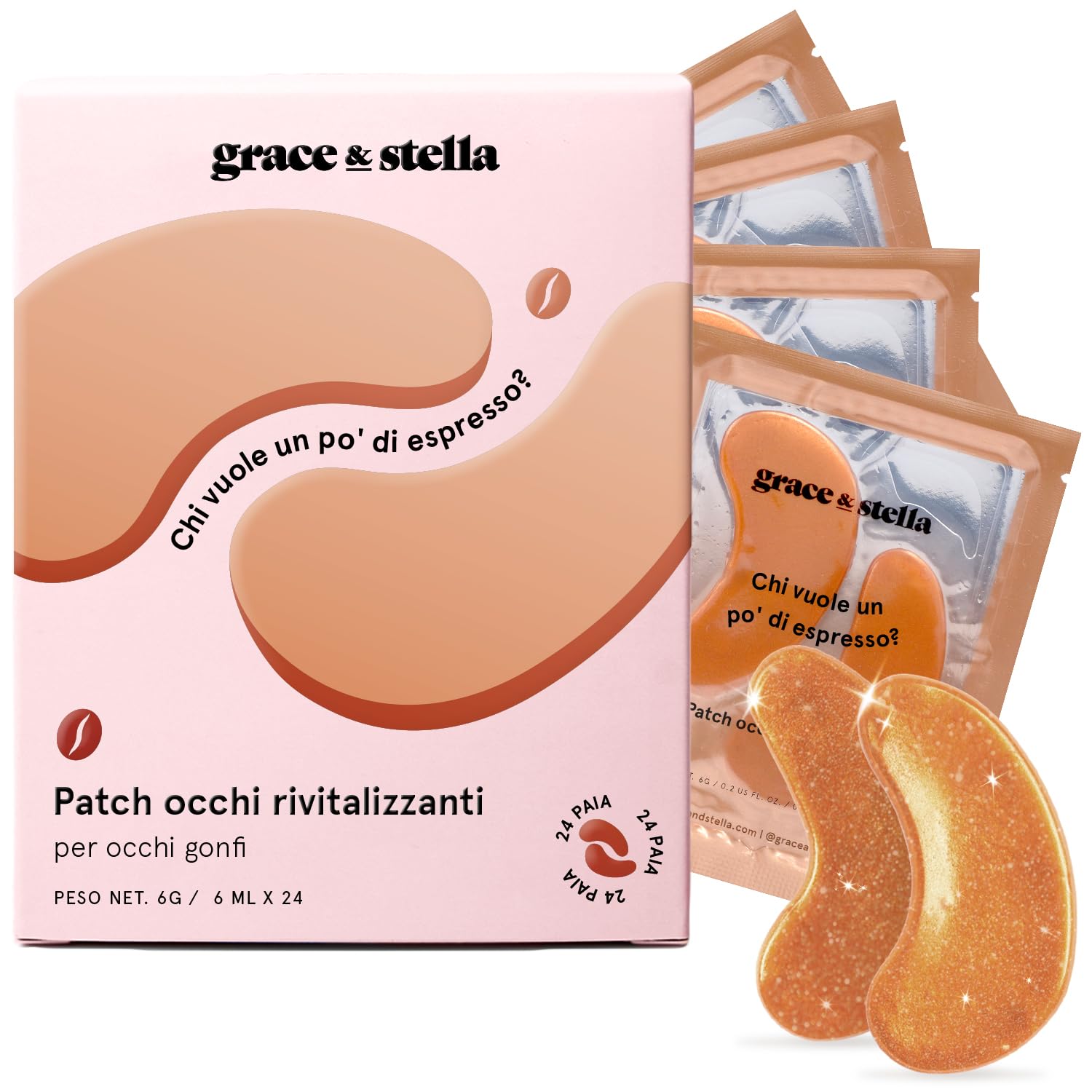 Patch Occhi (24 Paia, Caffè) – Maschera Occhiaie e Borse con Niacinamide ed Acido Ialuronico – Riduce Gonfiori e Rughe – Maschera Occhi Rassodante – Eye Patch by grace&stella