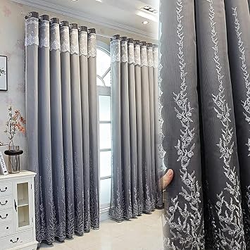 Amidoudou 1 Pair Double Layer Curtains for Living Room Gradient Coral Tree Pattern Embroidered Curtains for Bedroom Grey,54x84 Inch