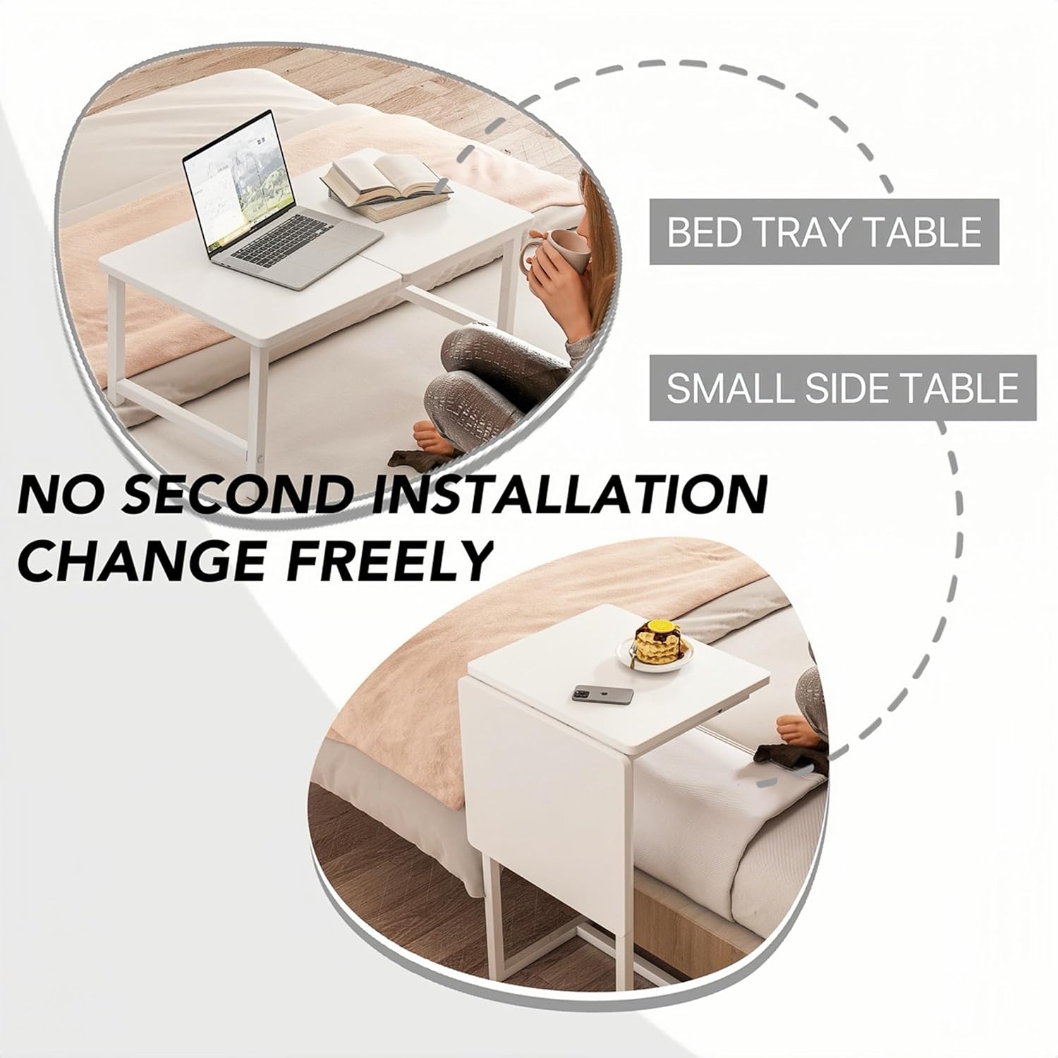 Bed Tray Table for Eating, Kitchen Serving Trays, Small Side Table for Sofa, Beds, Eating, Working, Used As Laptop Desk Snack Trays-1 pc-White