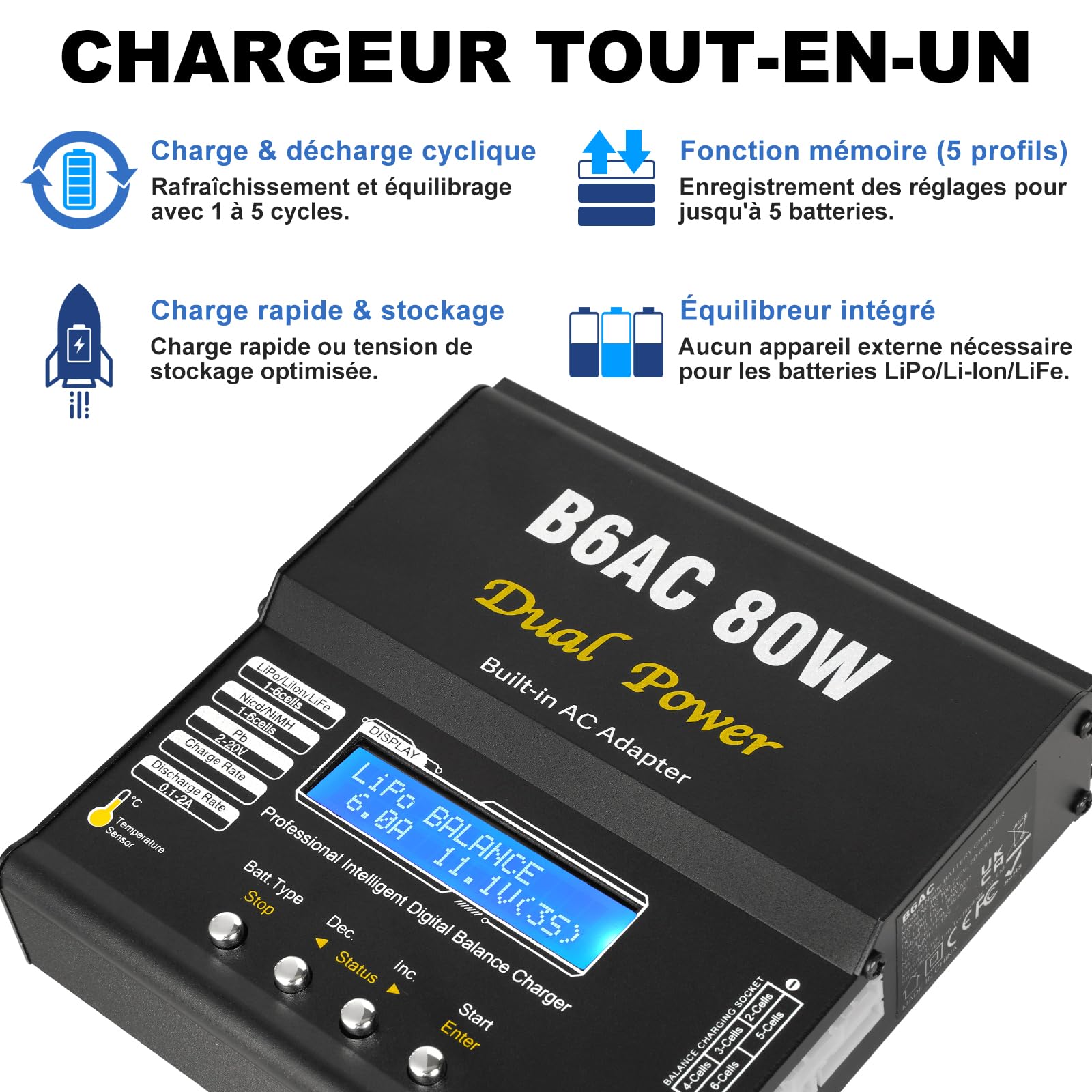 HTRC Chargeur Batterie LiPo, 80W 6A Chargeur LiPo RC pour Batteries LiPo/Li-ION/Life (1-6 Cellules), NiMH/NiCd (1-15 Cellules) et PB (2-20V), équipé de Connecteurs XT60/Prise T/Tamiya/Pince Crocodile