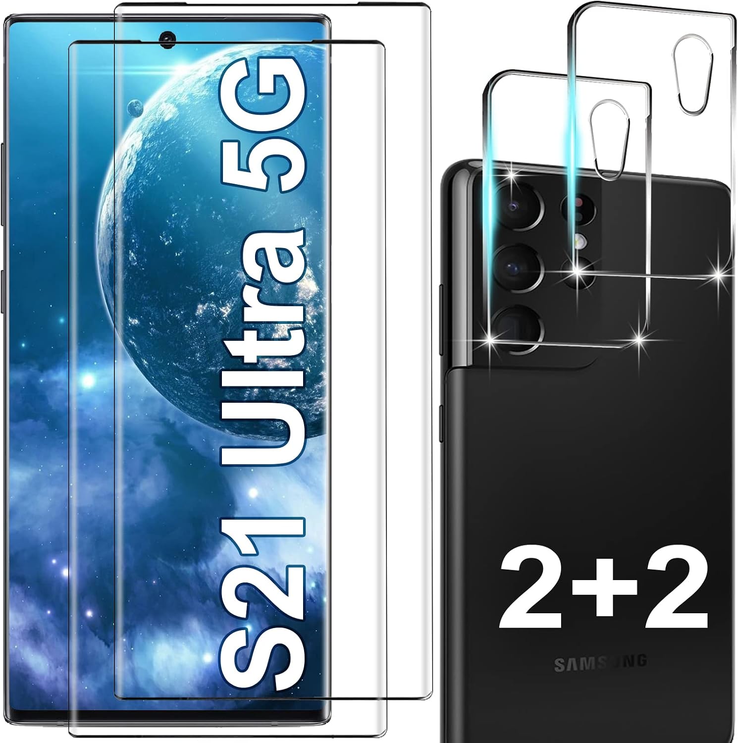 Samcorn [2+2 Pack]Galaxy S21 Ultra Screen Protector, HD Clear Tempered Glass, Ultrasonic Fingerprint Support, 3D Curved, Scratch Resistant, Bubble-Free for Galaxy S21 Ultra 5G Glass Screen Protector