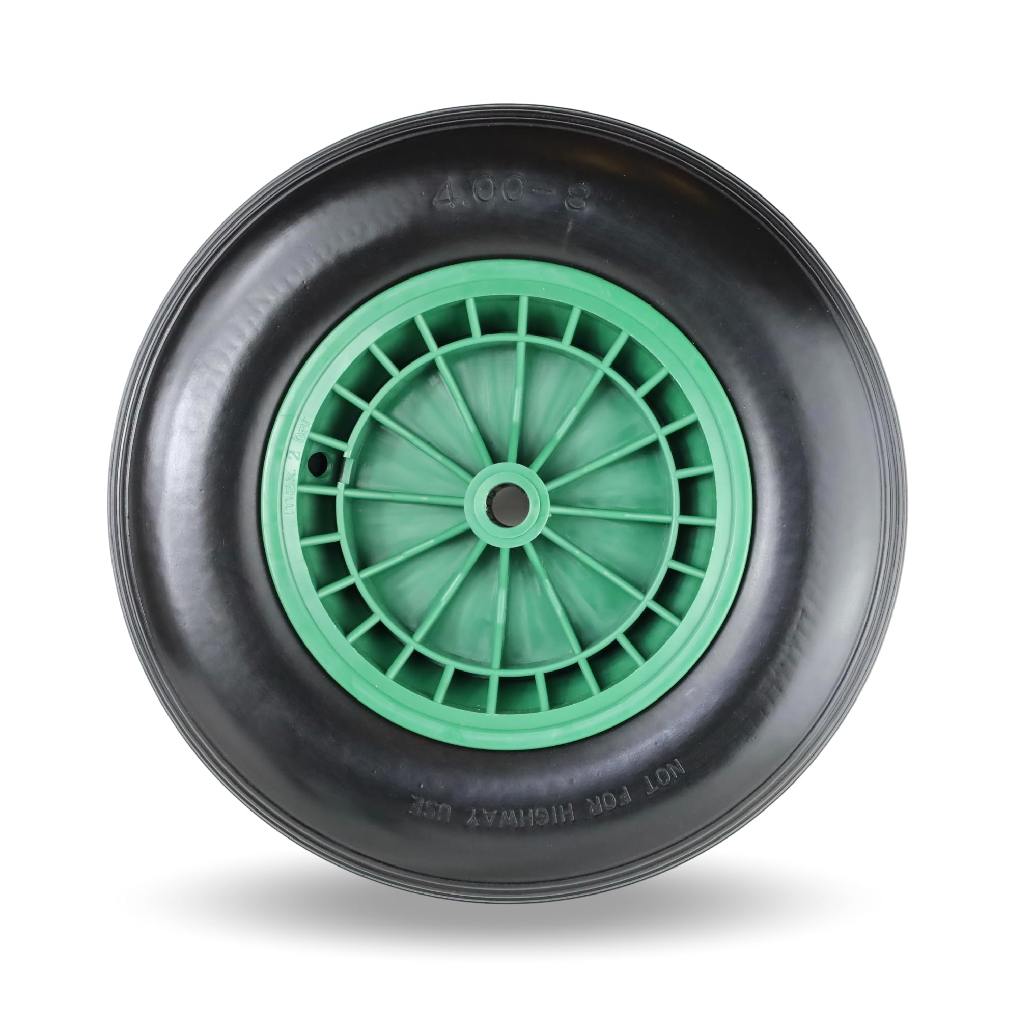 FROSAL PU Schubkarrenrad 400 pannensicher | Rad Vollgummi Schubkarre | Ersatzrad 4.80/4.00-8 Kunststoff-Felge grün | Reifen 100 mm Breite