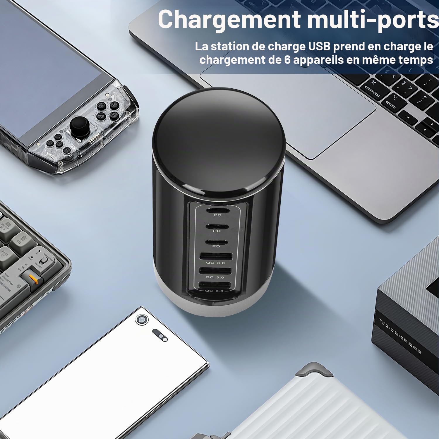Chargeur Multiple 60W avec USB-C 20W et USB 18W - Compatible iPhone 14 13/Samsung/Note/Fold/Pixel/Xiaomi/iPad/Tablettes et Autres Appareils (Gris)