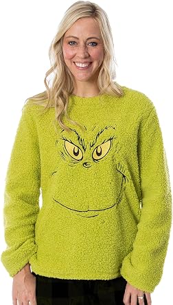 Dr. Seuss Adult Unisex Grinch Who Stole Christmas Sherpa Pullover Long Sleeve Top for Women or Men