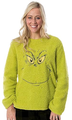 Dr. Seuss Adult Unisex Grinch Who Stole Christmas Sherpa Pullover Long Sleeve Top for Women or Men - XX-Large - Green