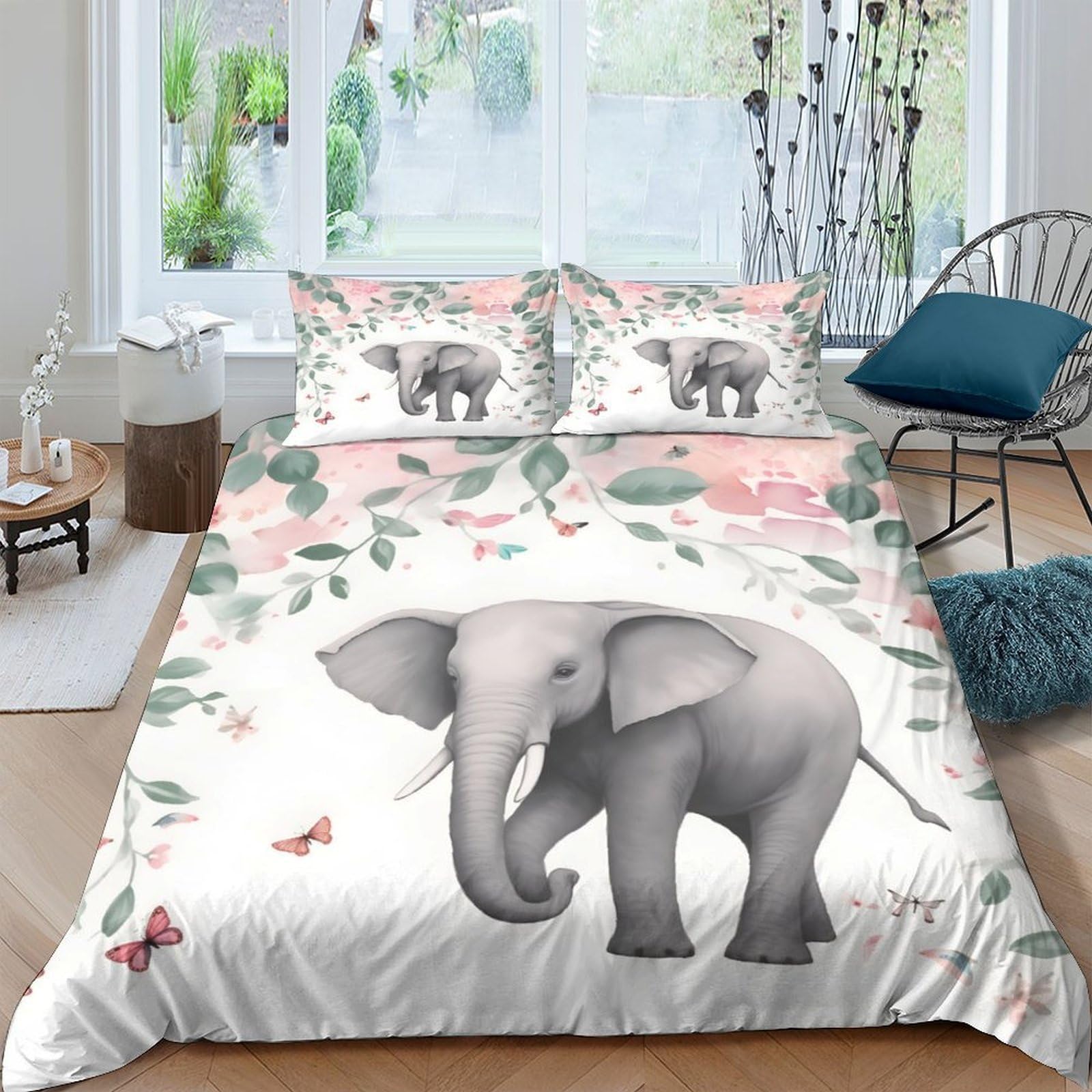 GPLZQXKJNH 3D Printed Elephant Botanical Duvet Cover Microfiber Bedding Set with 2 Pillowcases, Soft Breathable, Bedroom Décor Single（135x200cm）