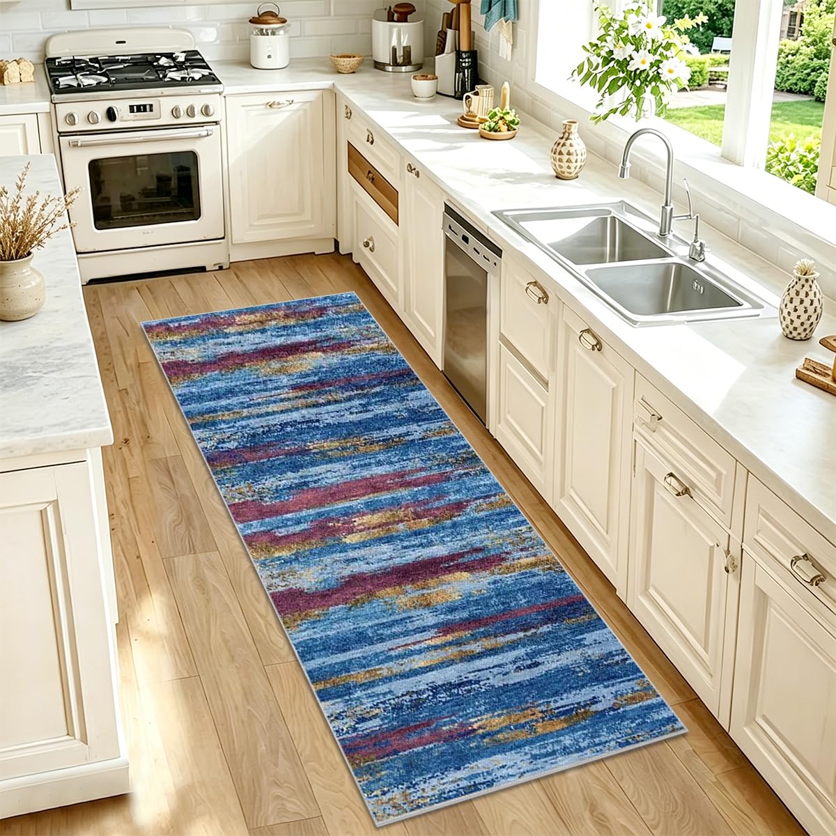 Grand tapis entree interieur bleu multicolore pour sublimer votre couloir
