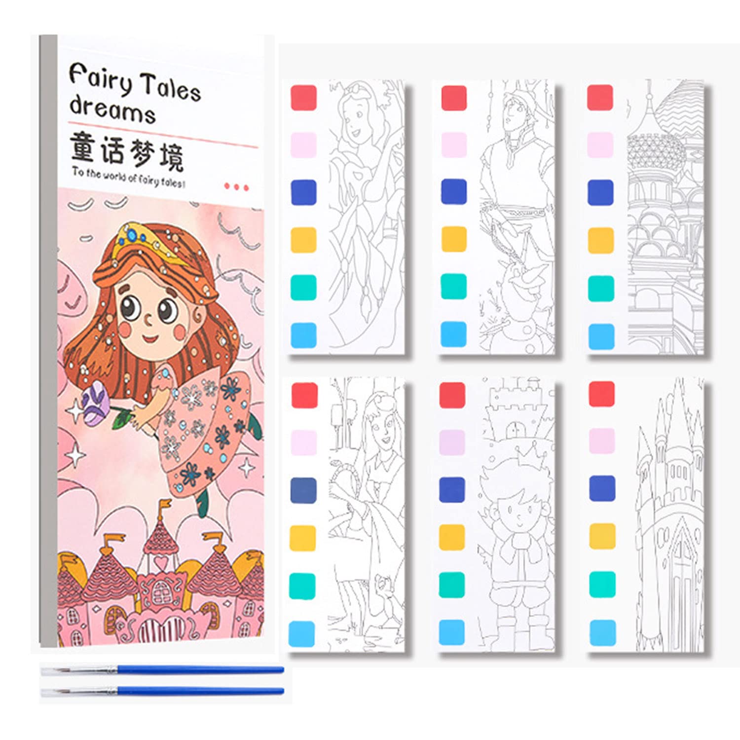 [1pcs 20 pages] Lukione Watercolor Painting Book, Magic Water Coloring Books with Paints and Brush, Pocket Watercolor Book, Travel Pocket Watercolor Kit, Watercolor Painting Book for Kids (Fairy Tale)